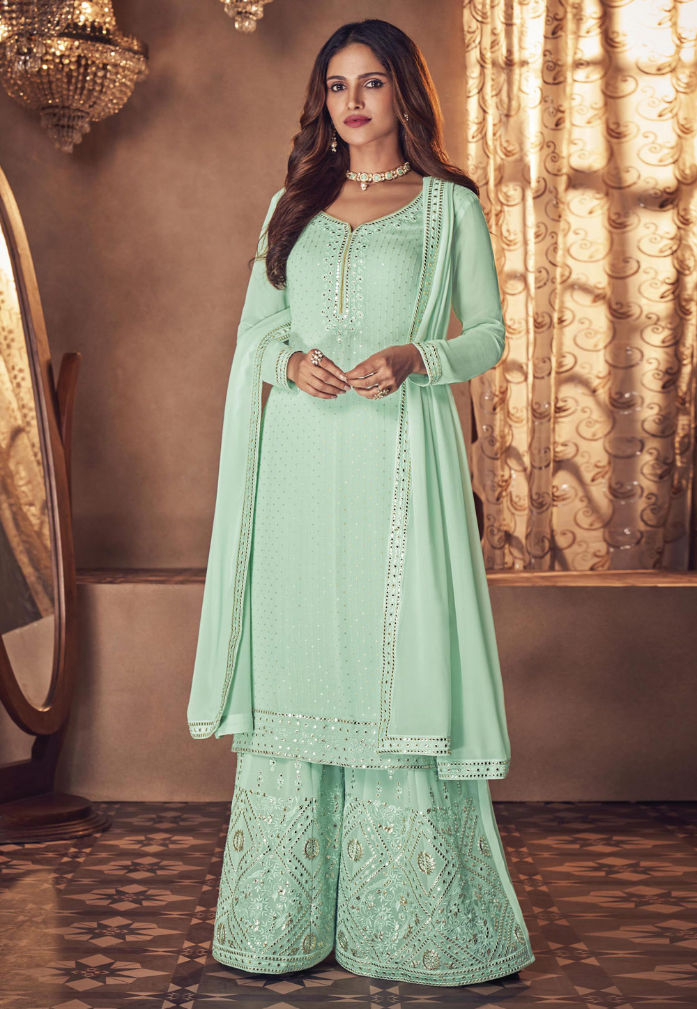 Light Green Georgette Palazzo Suit 233295