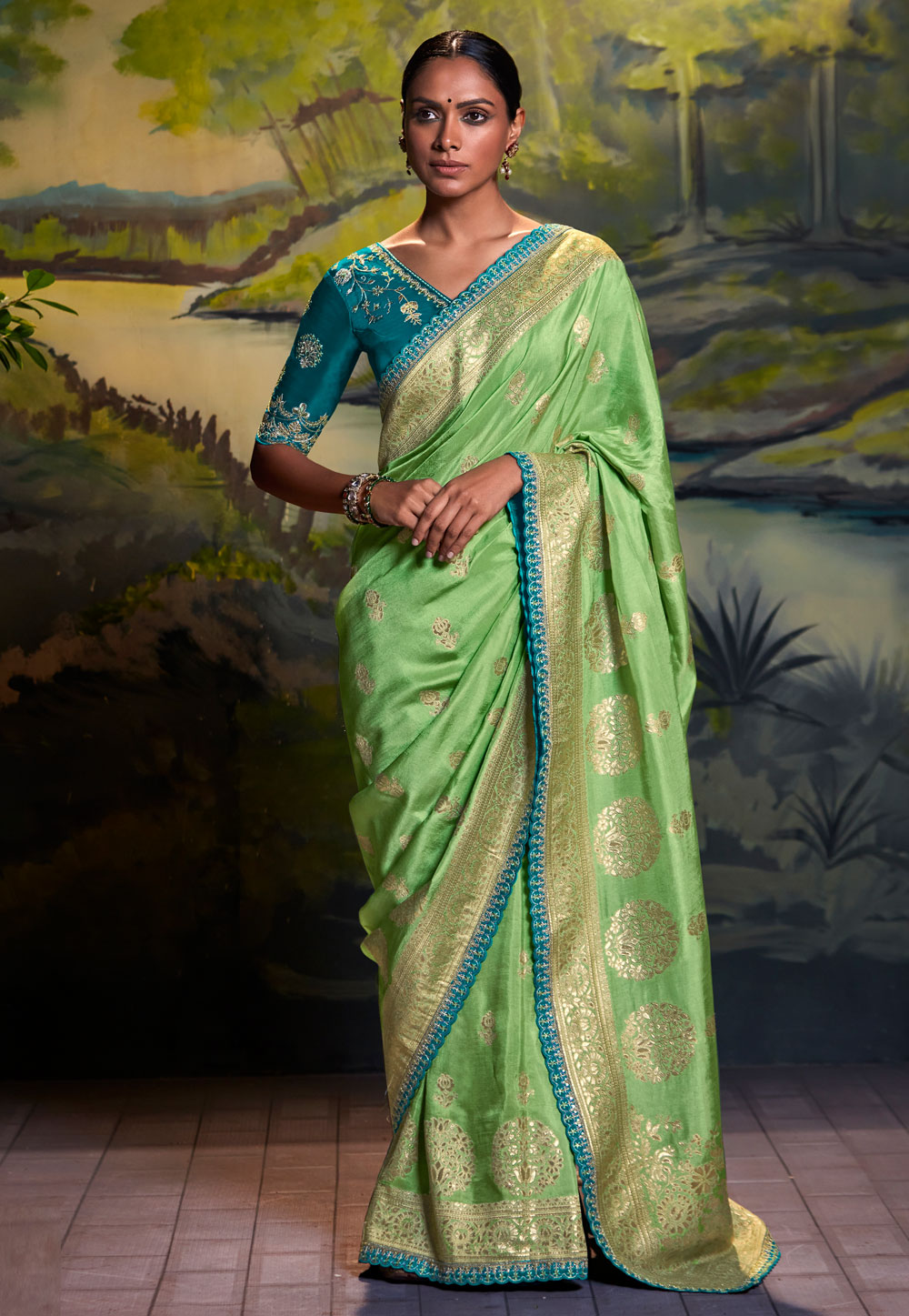 Pista Green Color Pure Banarasi Silk Saree with Golden Work  BharatSthali