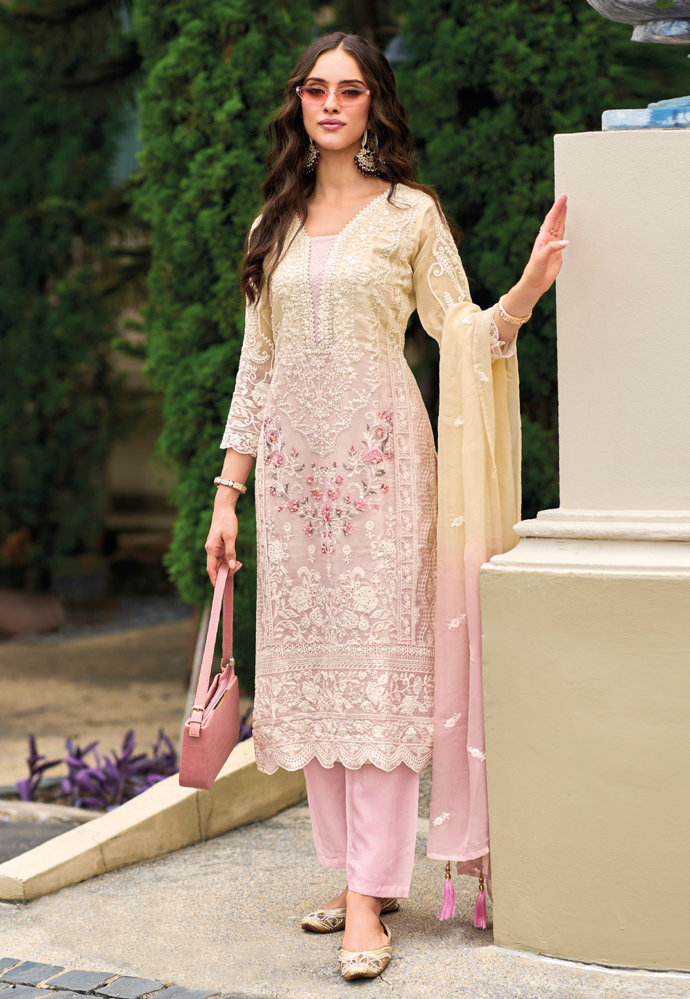 Light Pink Organza Straight Suit 273372