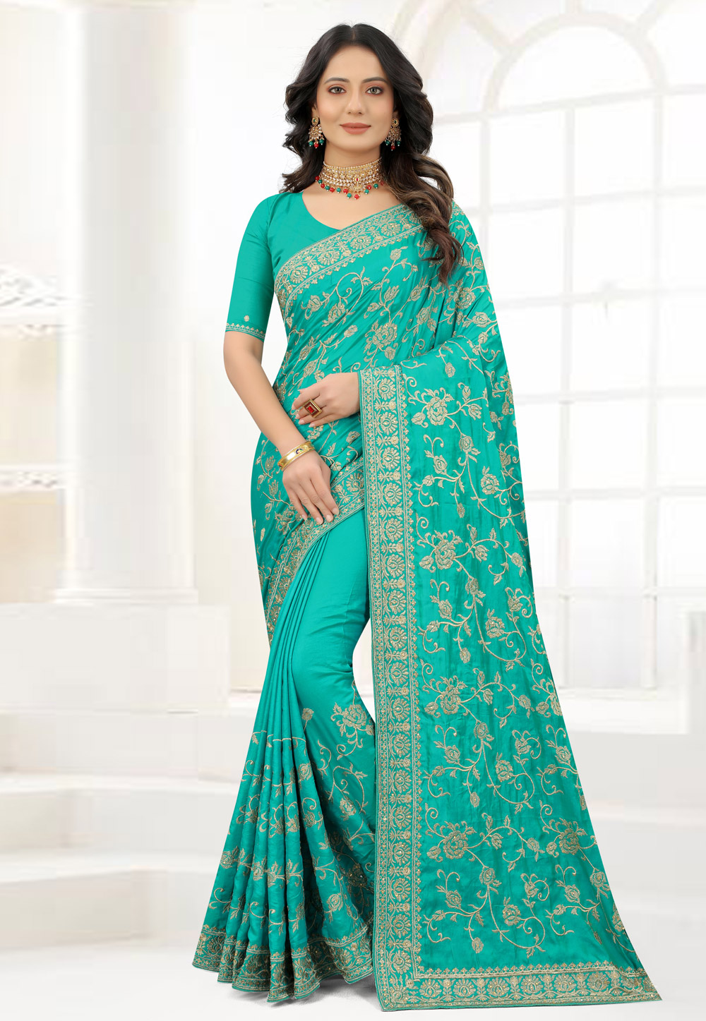 Aqua Satin Silk Embroidered Saree With Blouse 244530