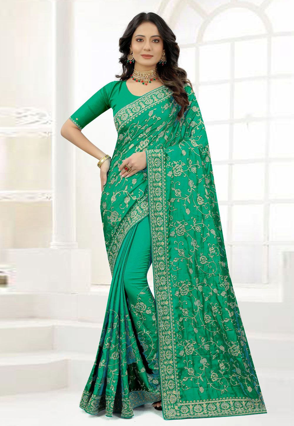 Green Satin Silk Embroidered Saree With Blouse 244533