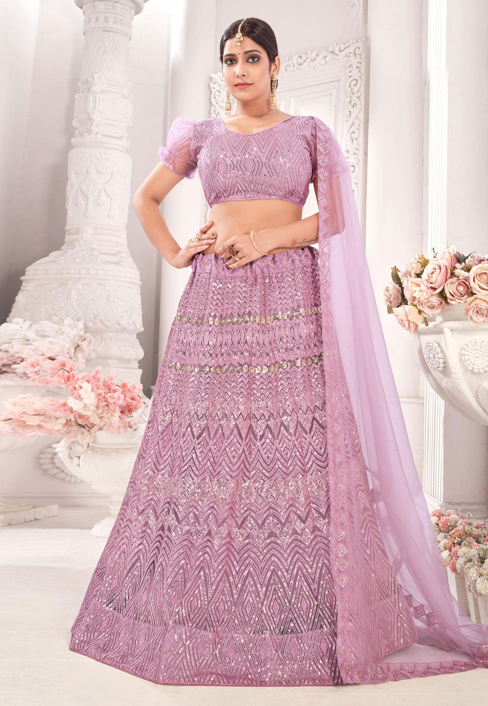 Light Purple Net Sequins Work Lehenga Choli 231911