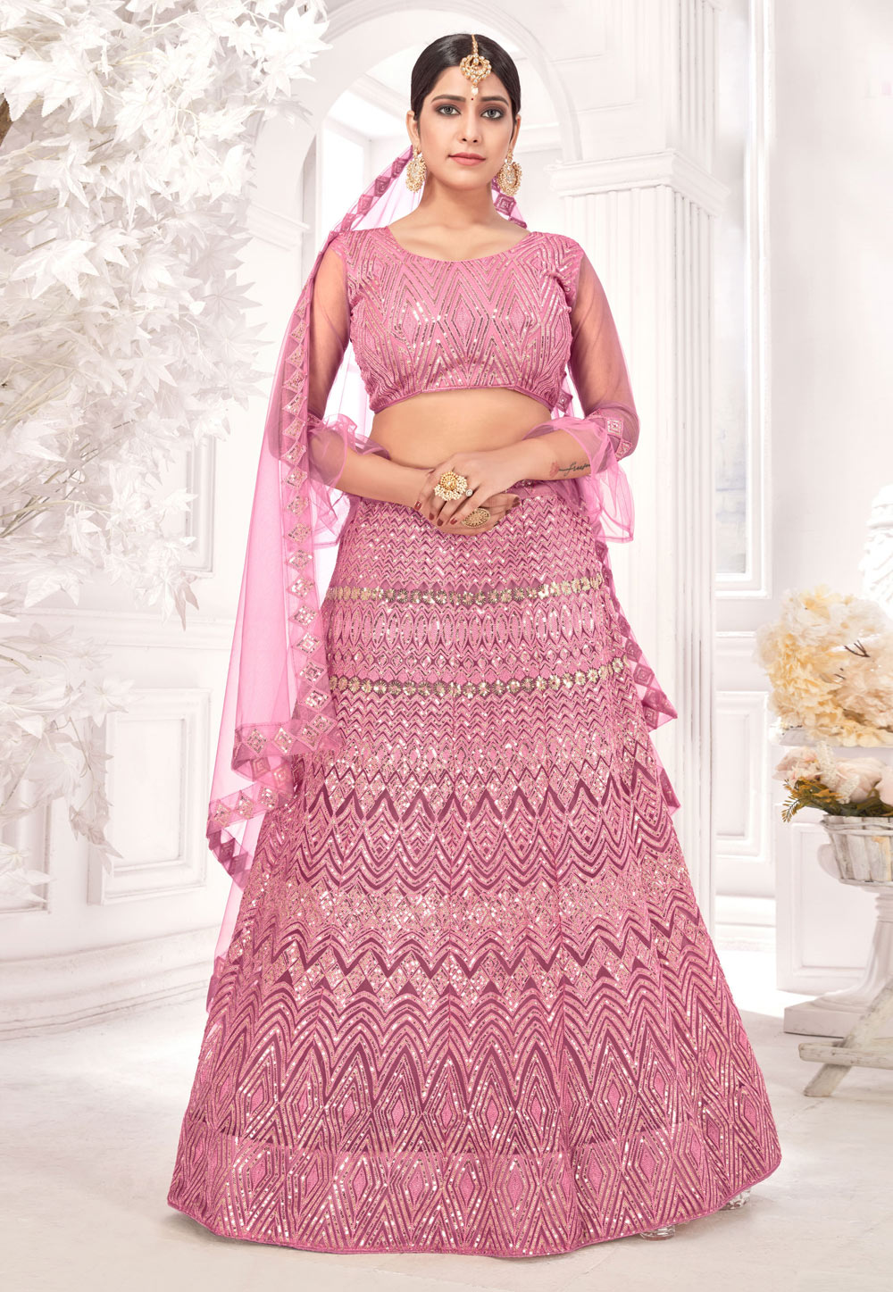 Pink Net Sequins Work Lehenga Choli 231914