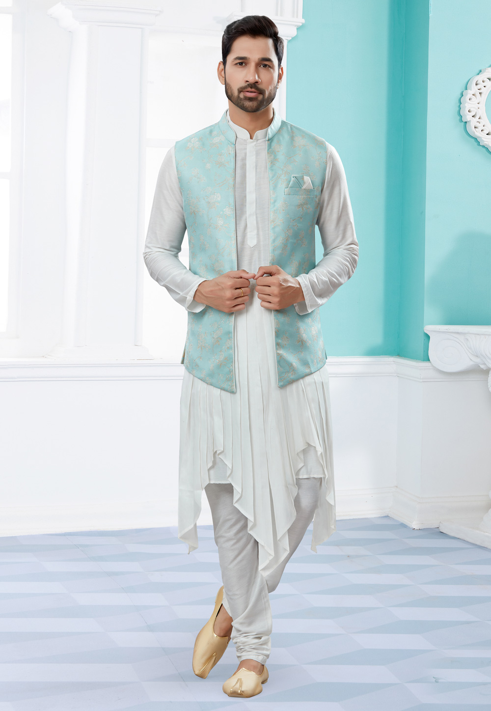 Off White Silk Kurta Pajama With Jacket 251469