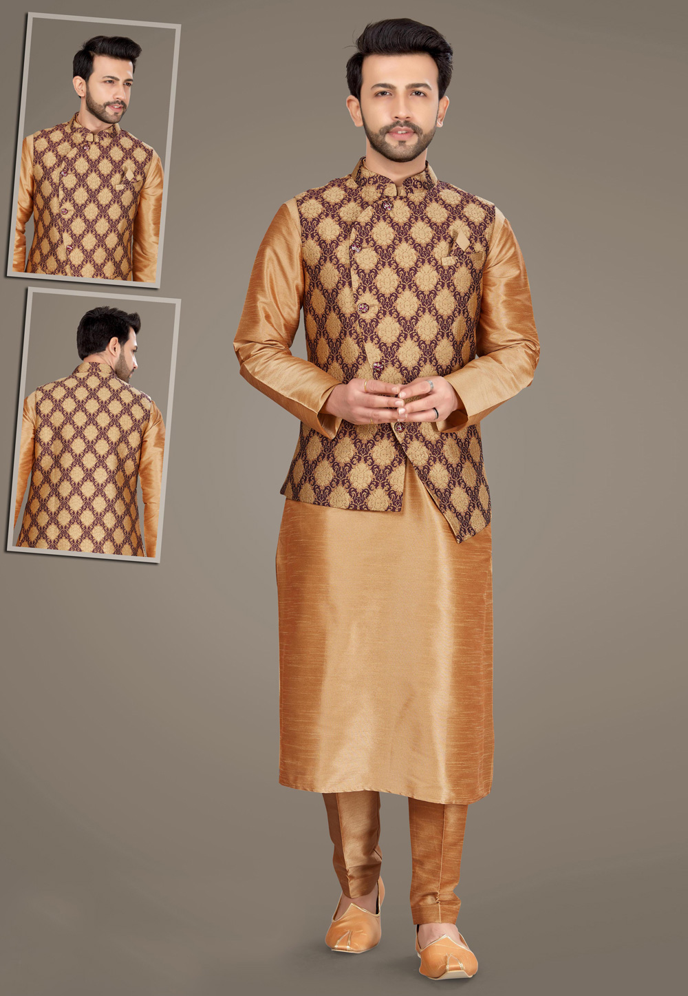 Golden Art Silk Readymade Jacket With Kurta Pajama 231997