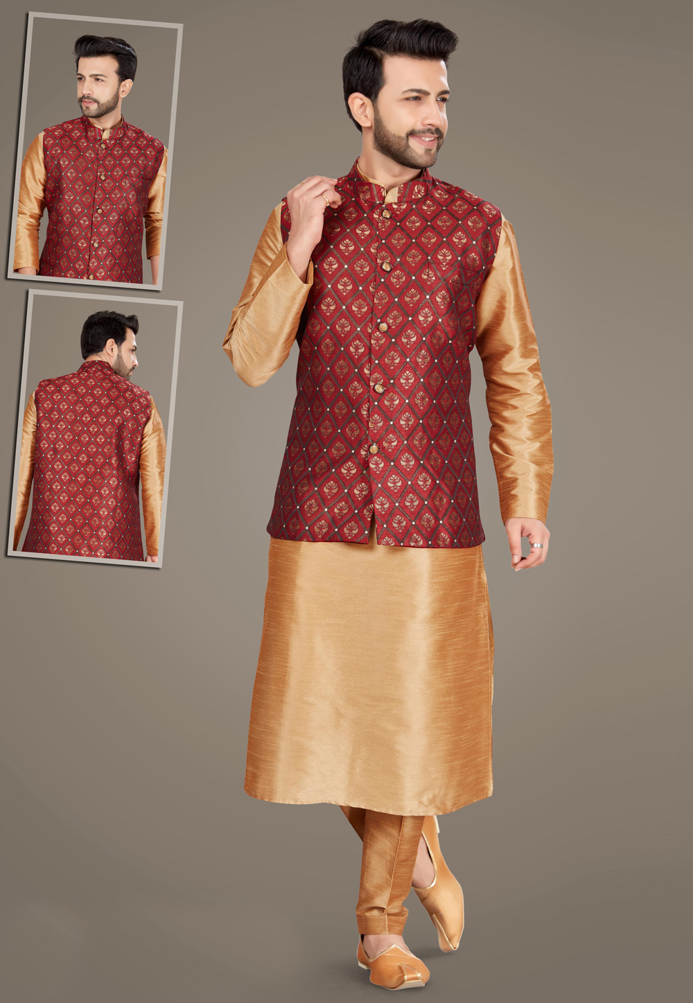 Golden Art Silk Readymade Jacket With Kurta Pajama 231998