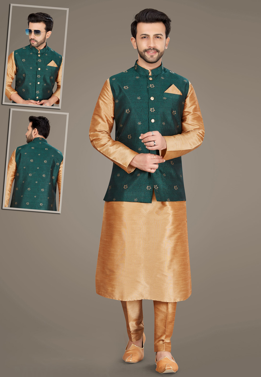 Golden Art Silk Readymade Jacket With Kurta Pajama 231999
