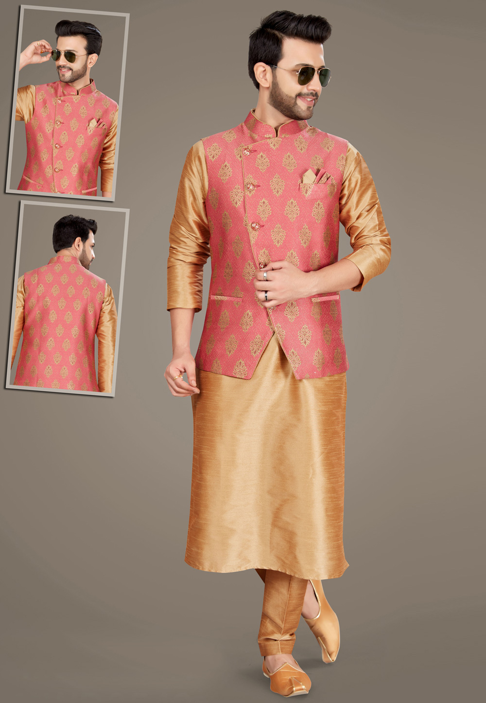 Golden Art Silk Readymade Jacket With Kurta Pajama 232000