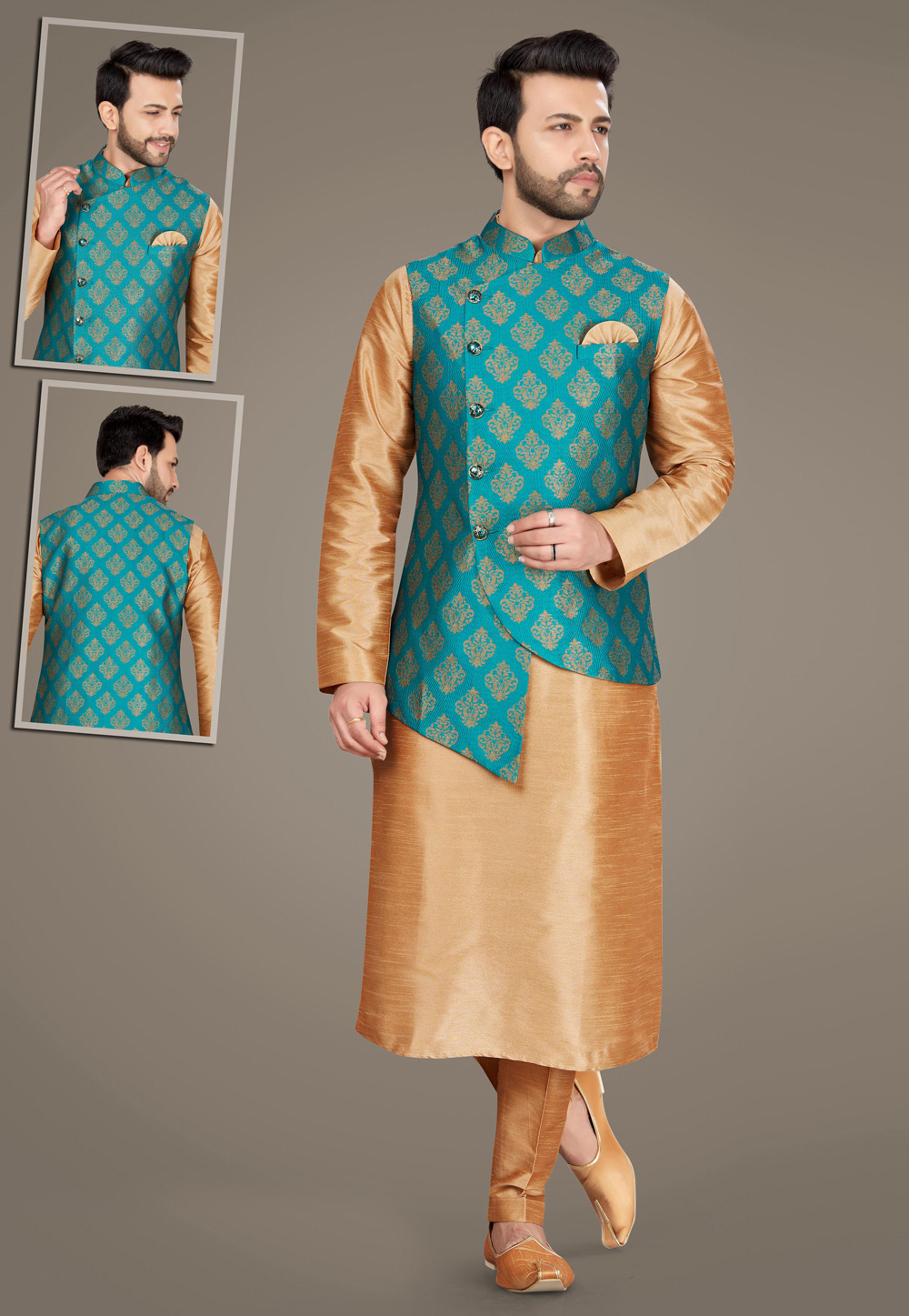 Golden Art Silk Readymade Jacket With Kurta Pajama 232006