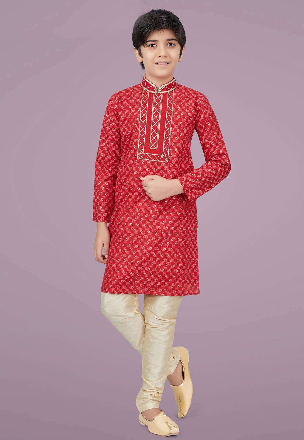 Red Cotton Silk Readymade Kids Kurta Pajama 231954