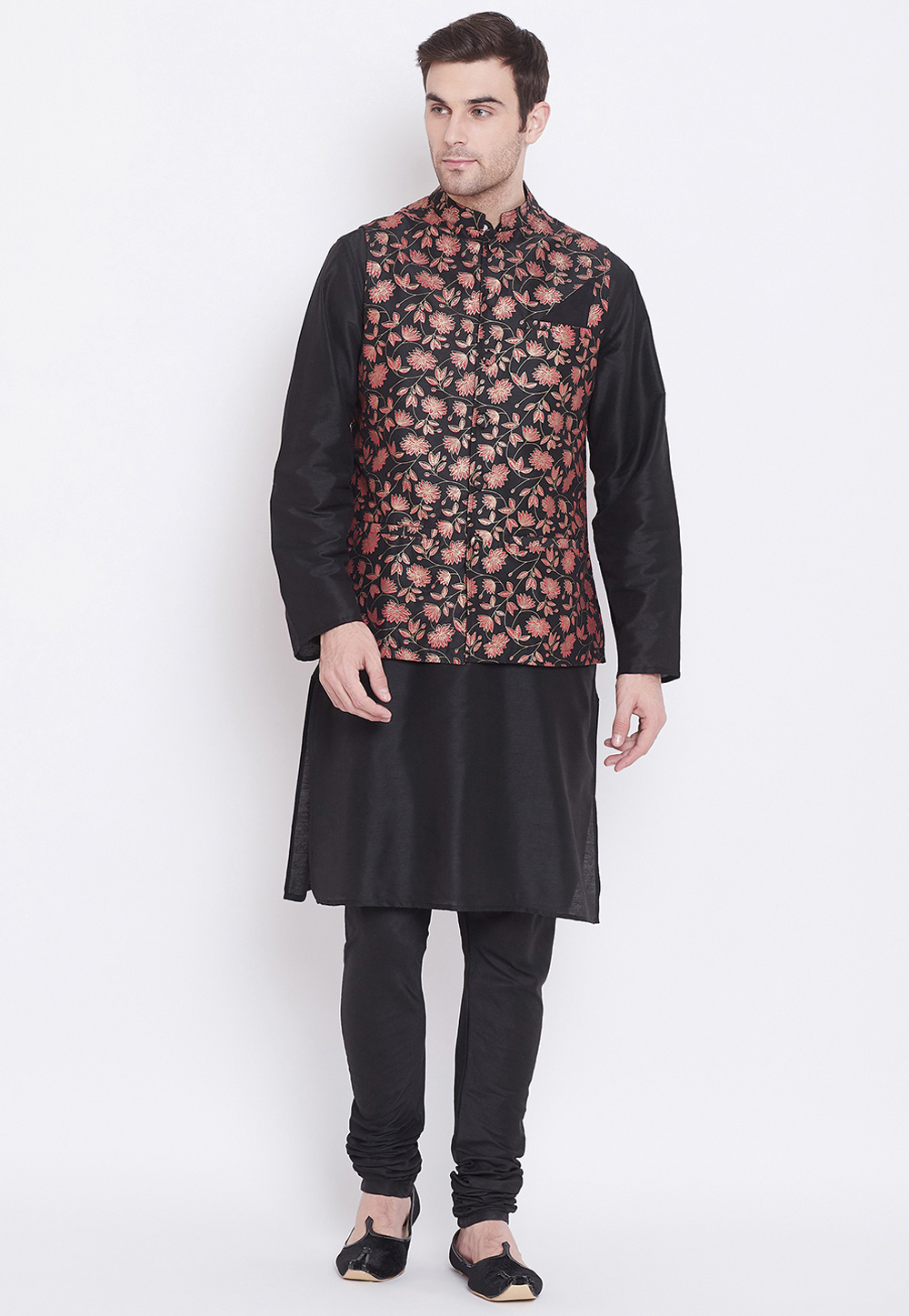 Black Silk Readymade Kurta Pajama With Jacket 209780