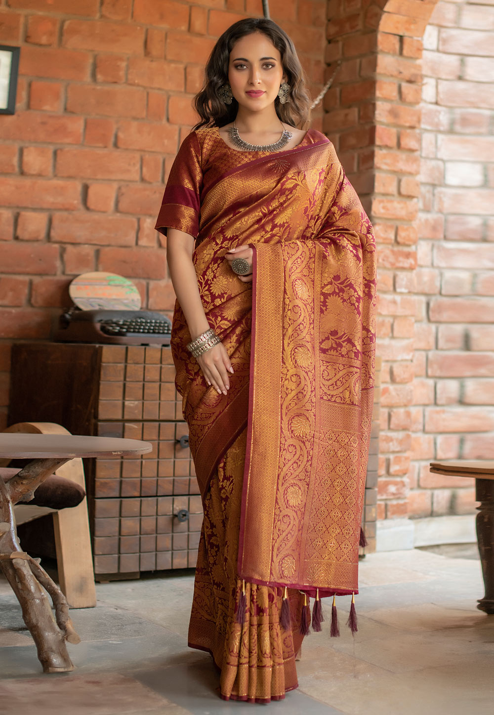 Maroon Banarasi Silk Saree With Blouse 230103