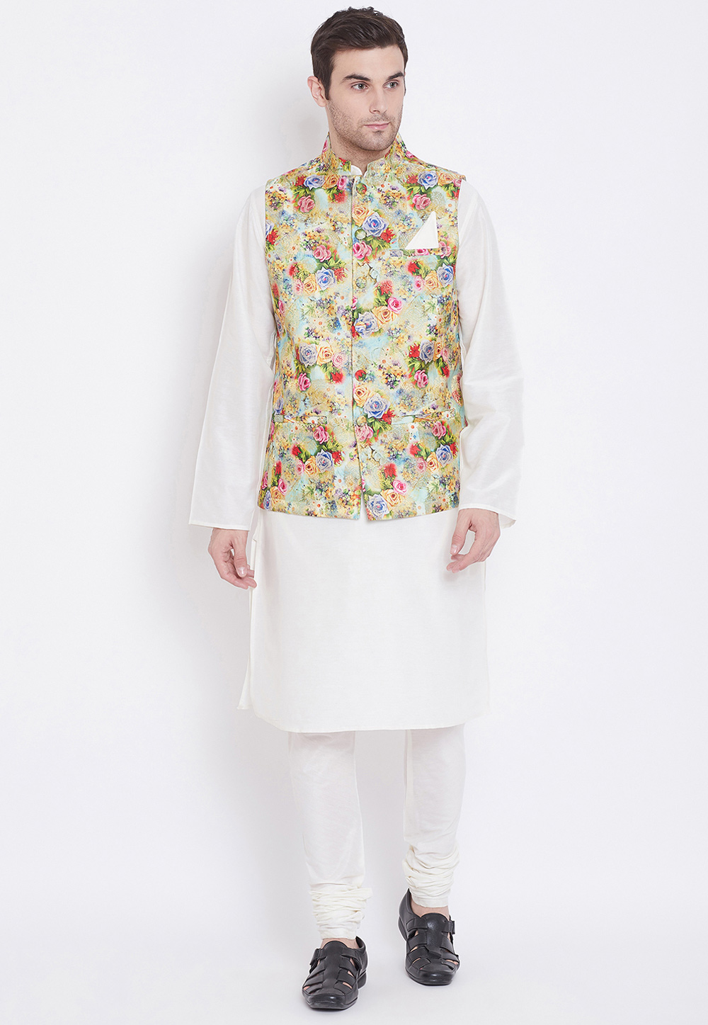 White Silk Readymade Kurta Pajama With Jacket 209781