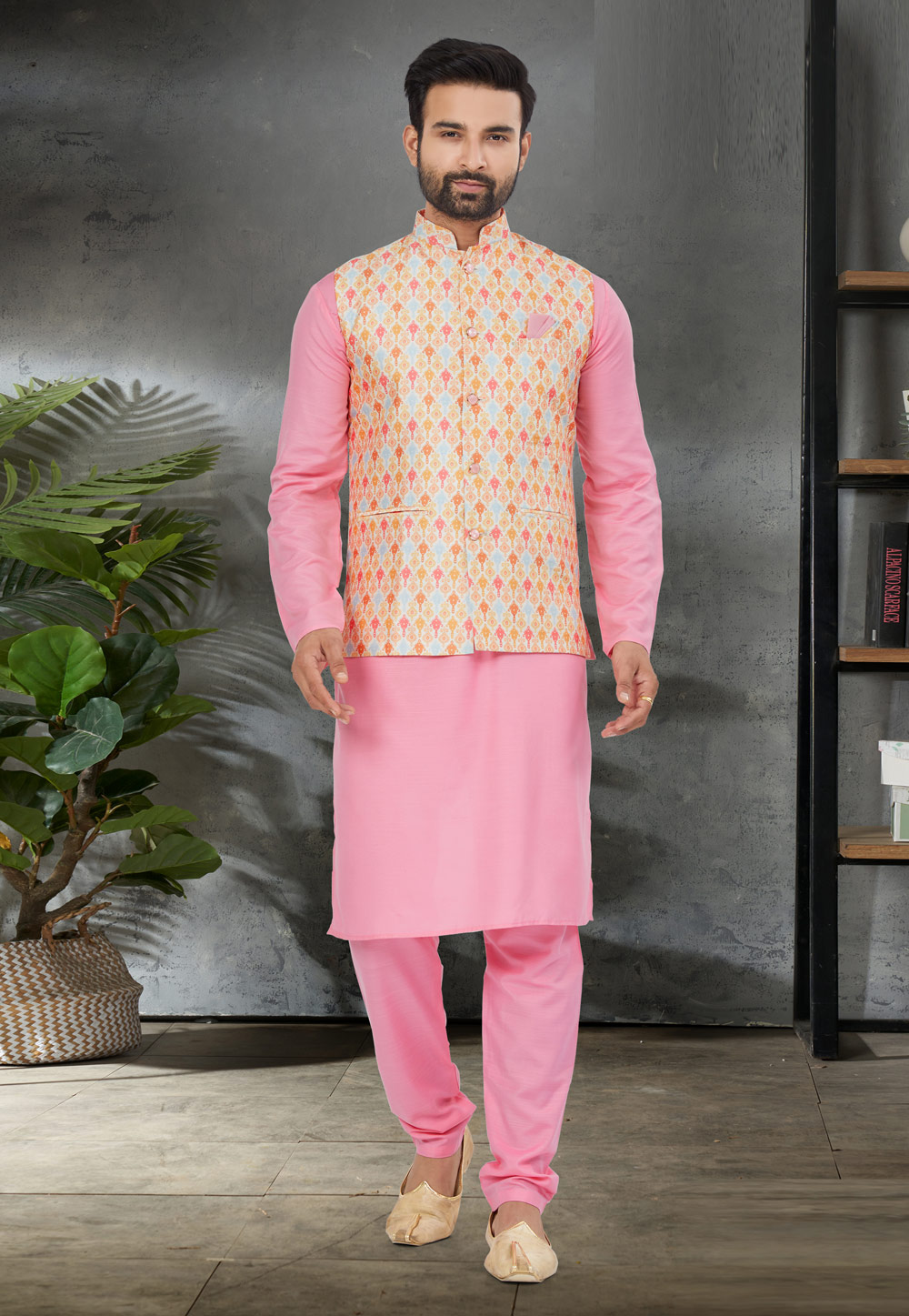 Pink Cotton Kurta Pajama With Jacket 276705