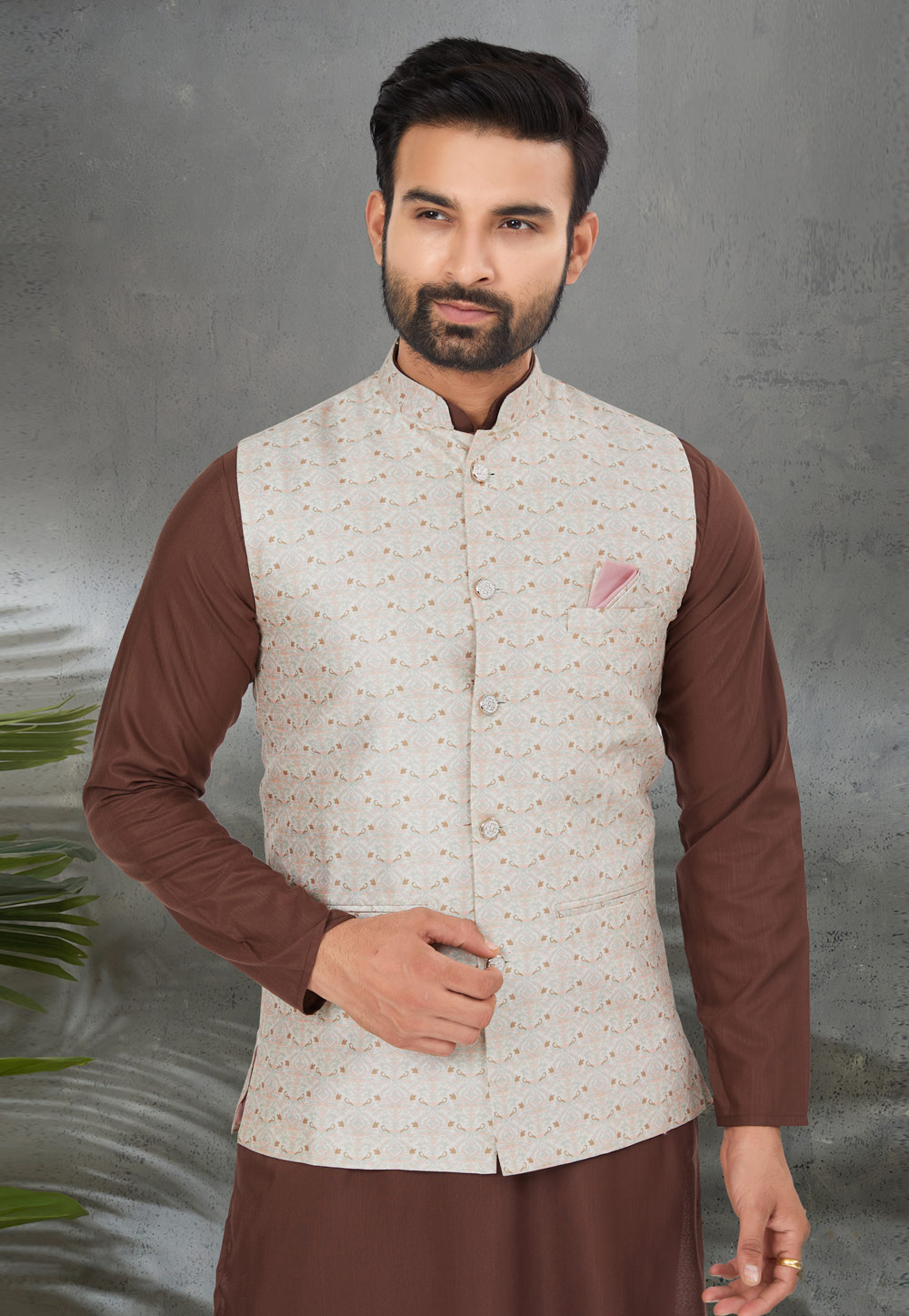 Party Wear Beige and Brown color Silk fabric Kurta Pyjama with Jacket :  1883810