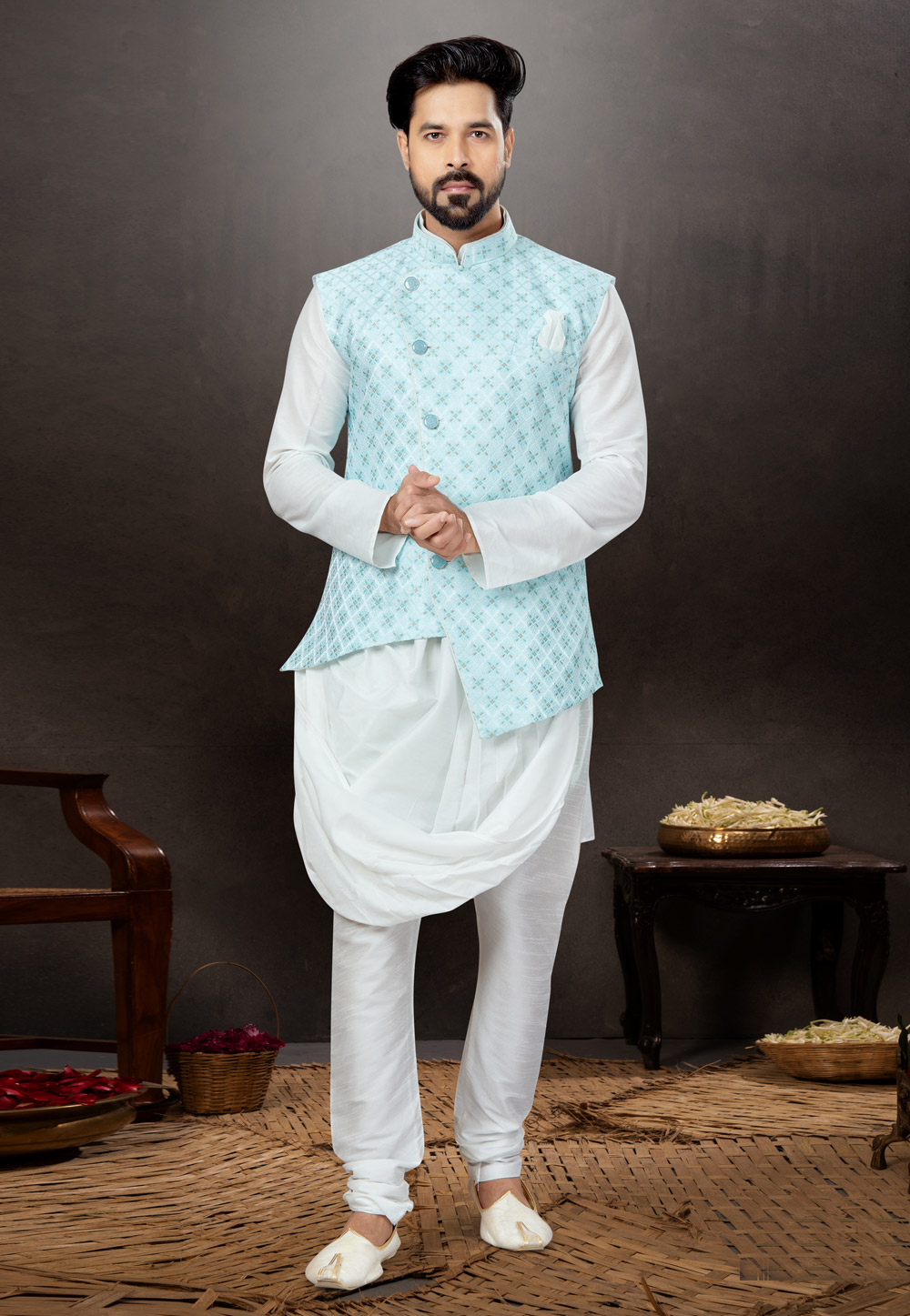 White Silk Kurta Pajama With Jacket 259334