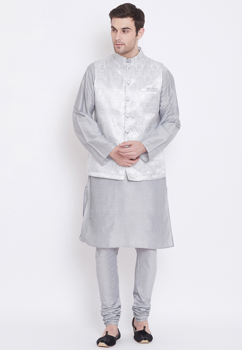 Grey Silk Readymade Kurta Pajama With Jacket 209782