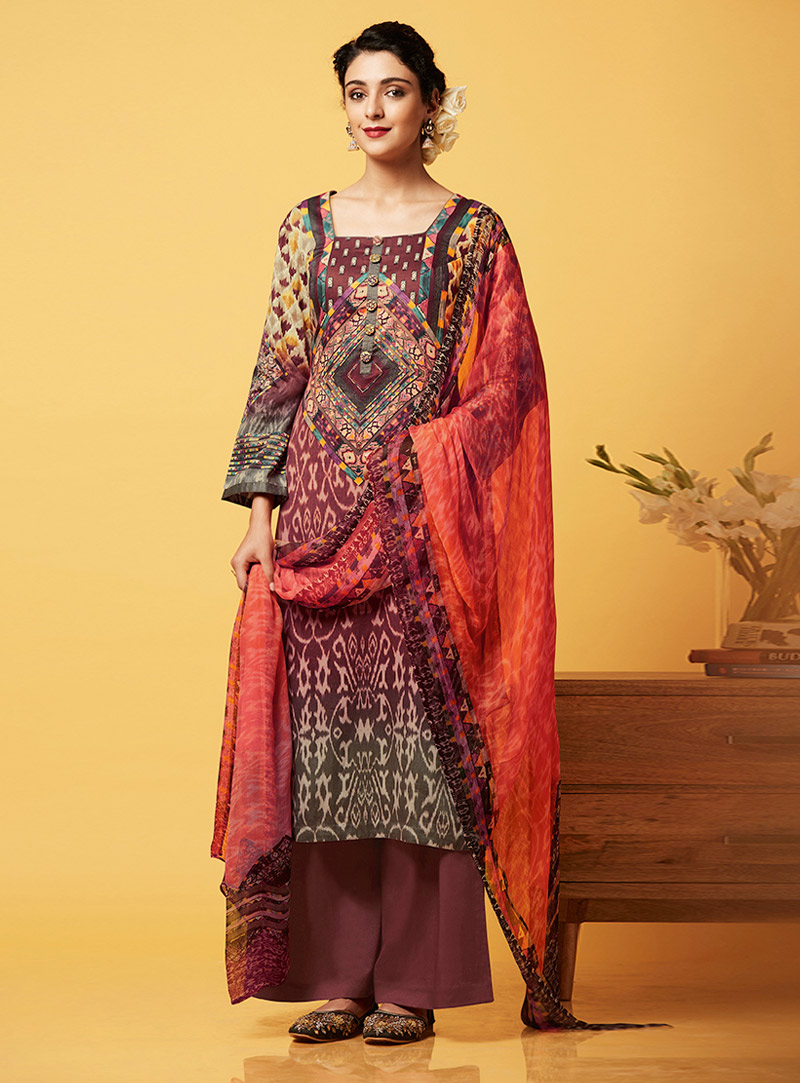 Brown Cotton Satin Palazzo Style Suit 82985