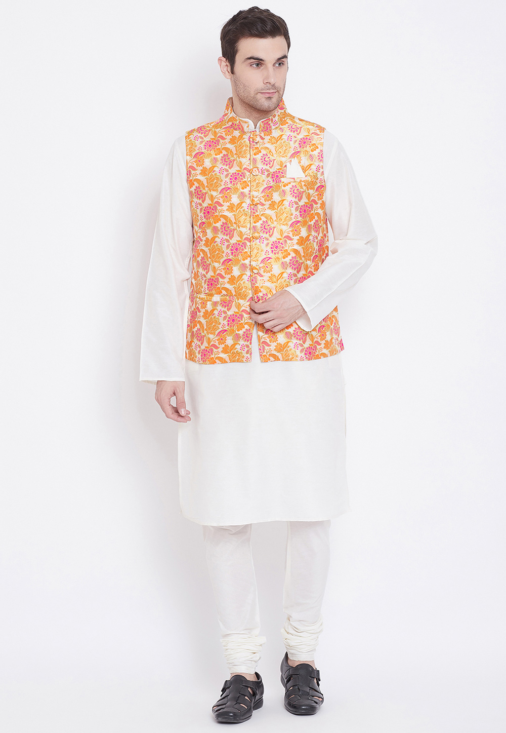 White Silk Readymade Kurta Pajama With Jacket 209783