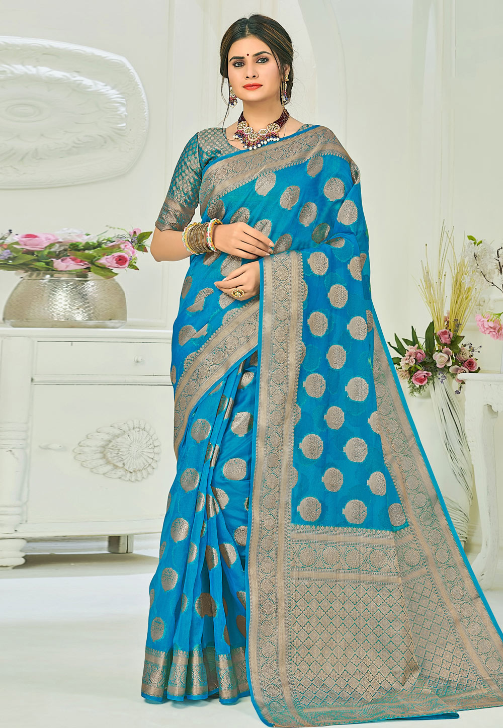 Turquoise Organza Saree With Blouse 237605