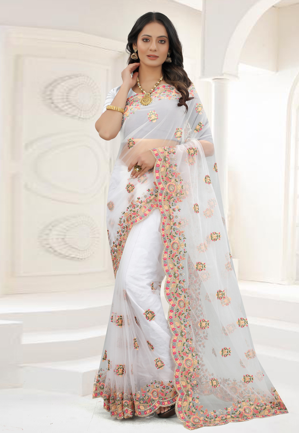 White Net Saree With Blouse 245019