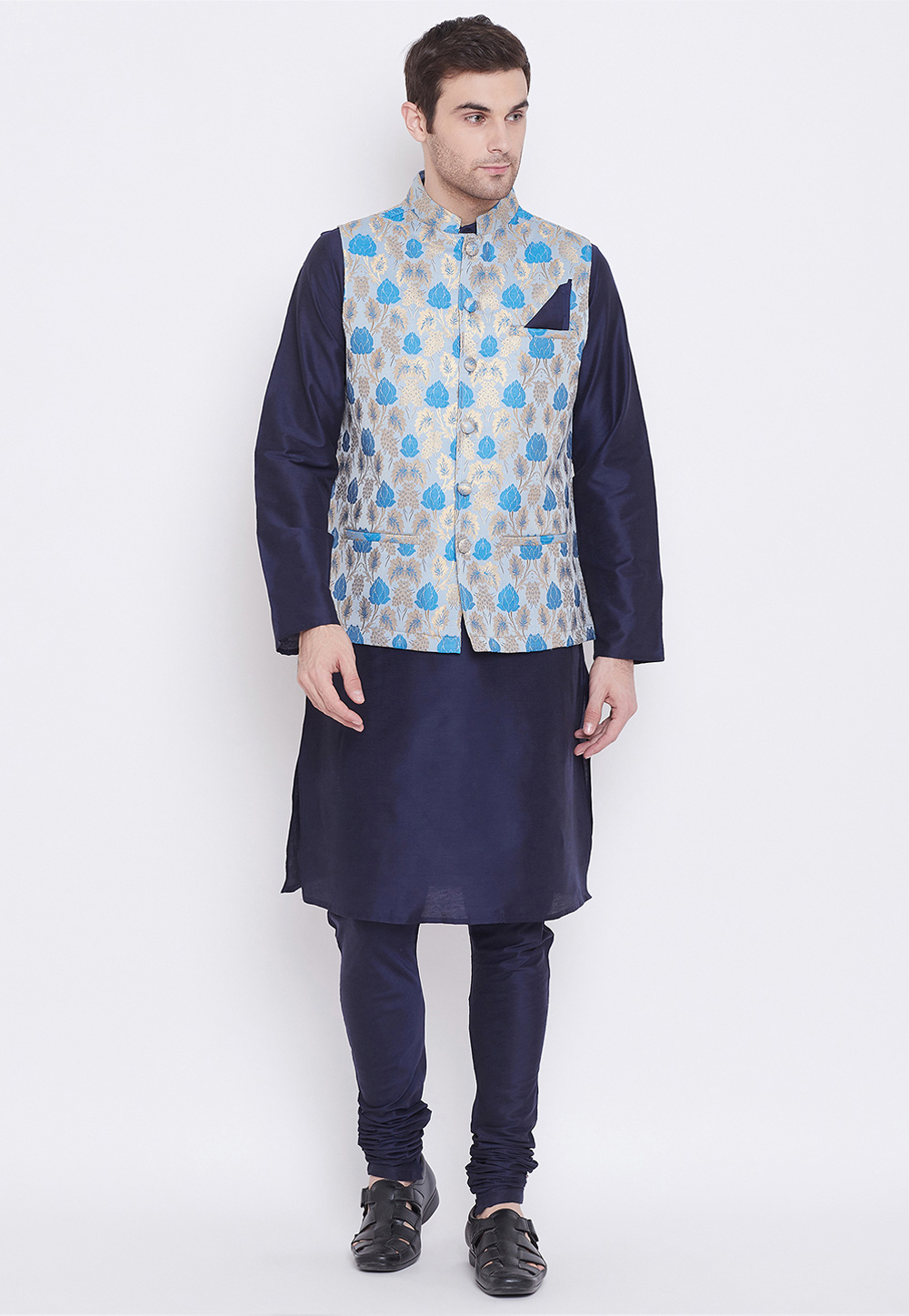 Navy Blue Silk Readymade Kurta Pajama With Jacket 209784