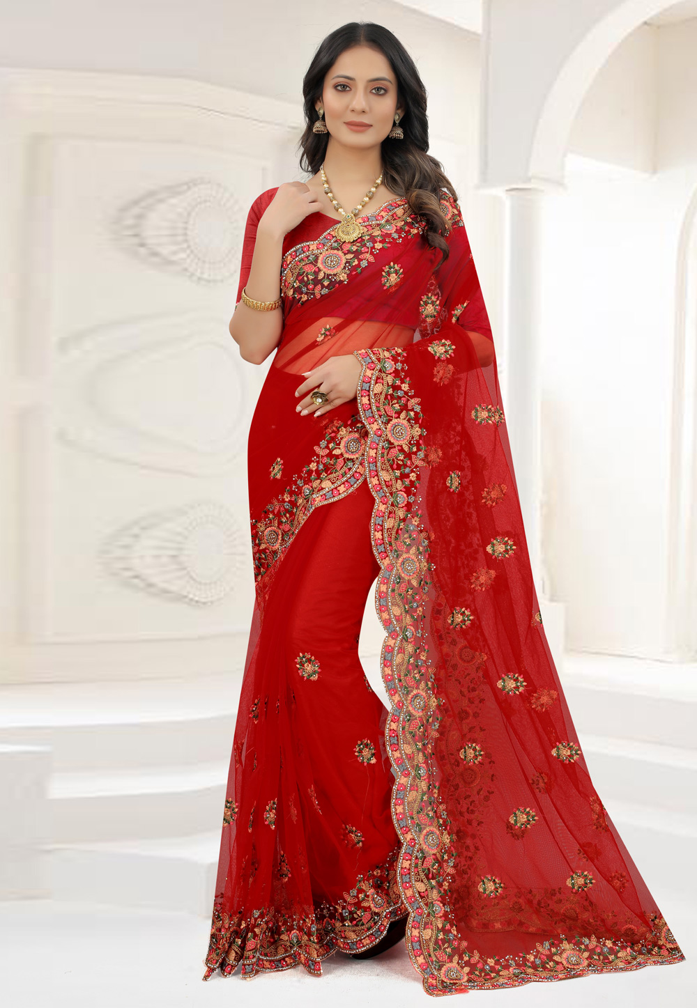 Red Net Embroidered Saree 245020