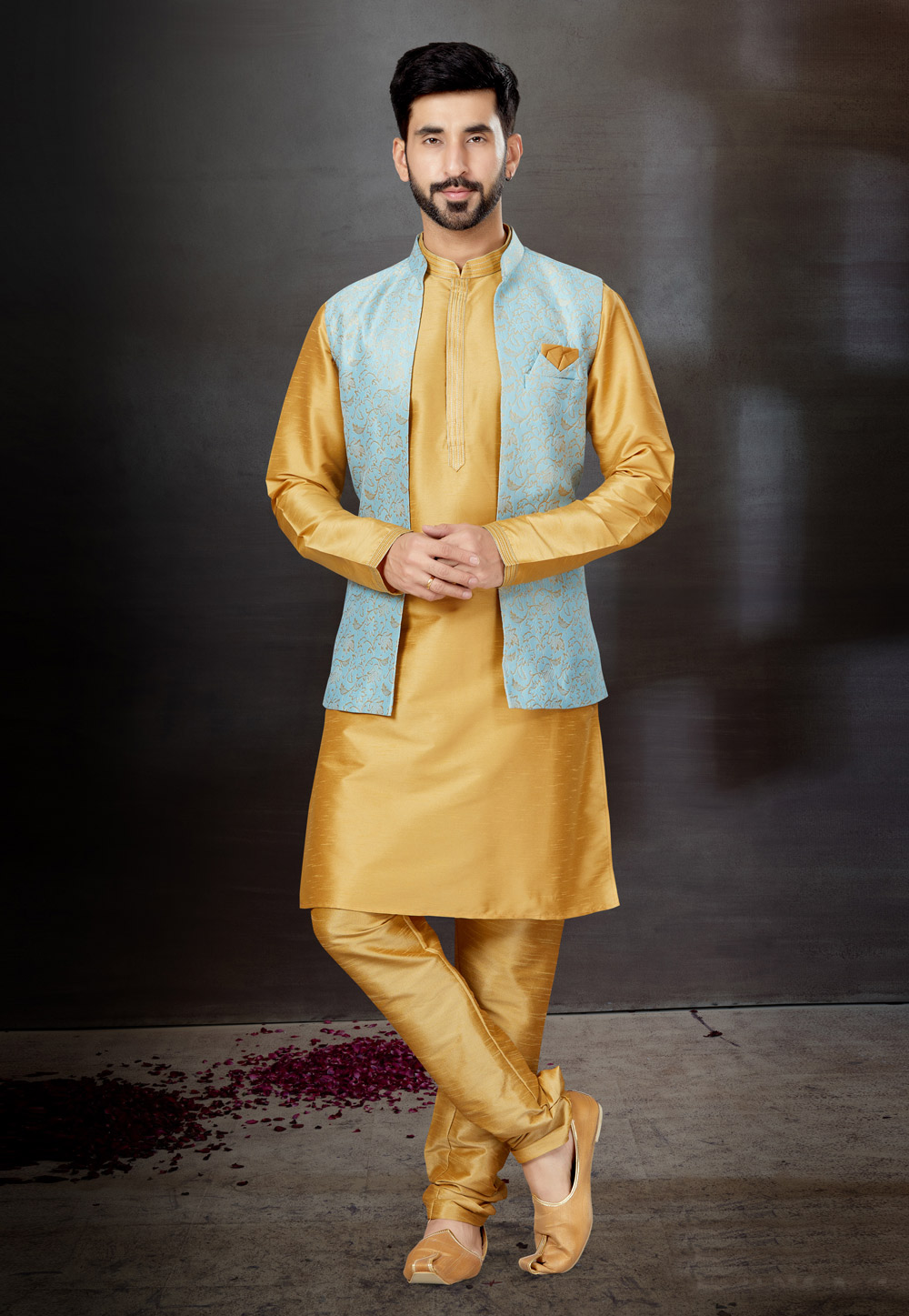 Golden Silk Kurta Pajama With Jacket 259337