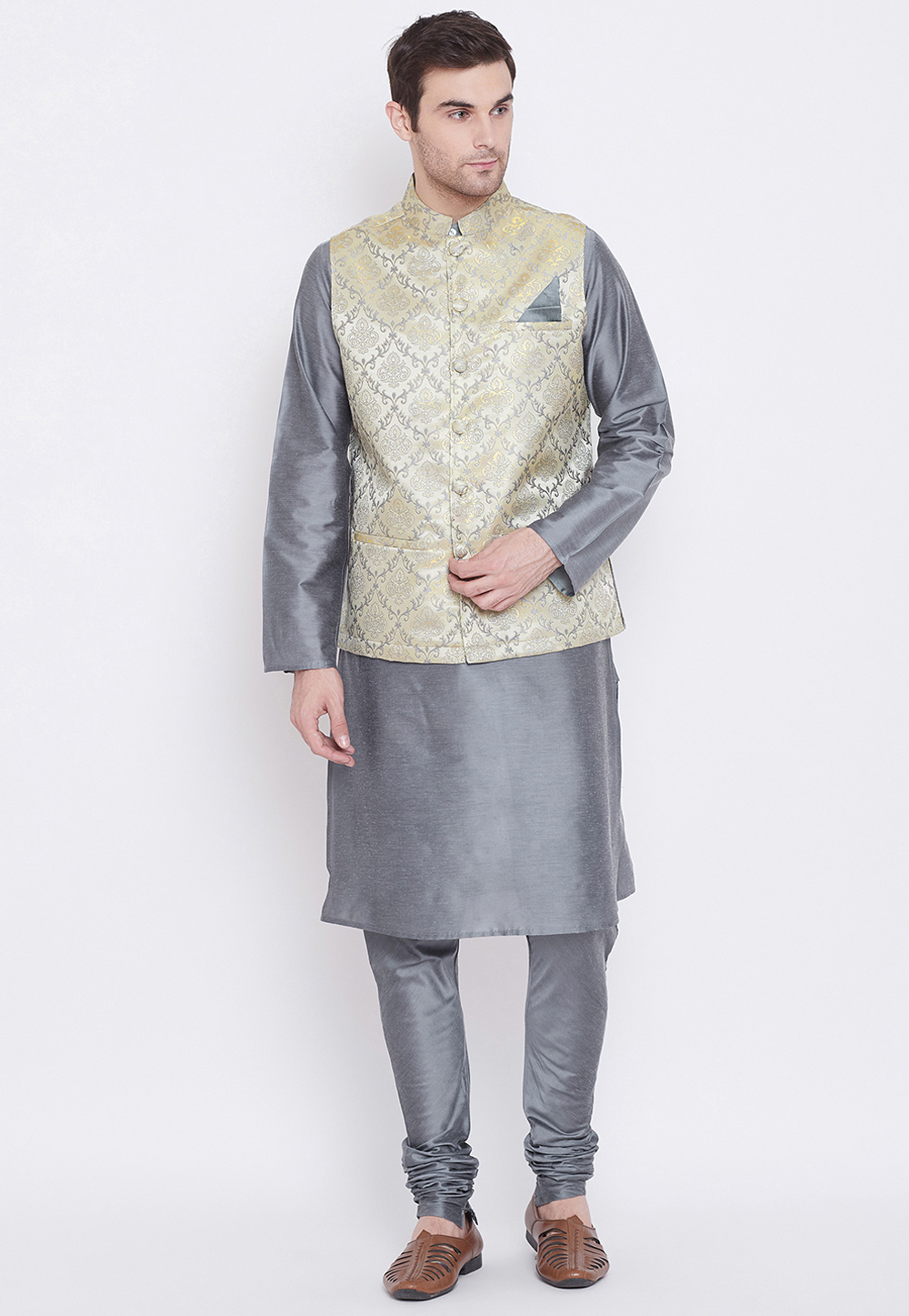 Grey Silk Readymade Kurta Pajama With Jacket 209785