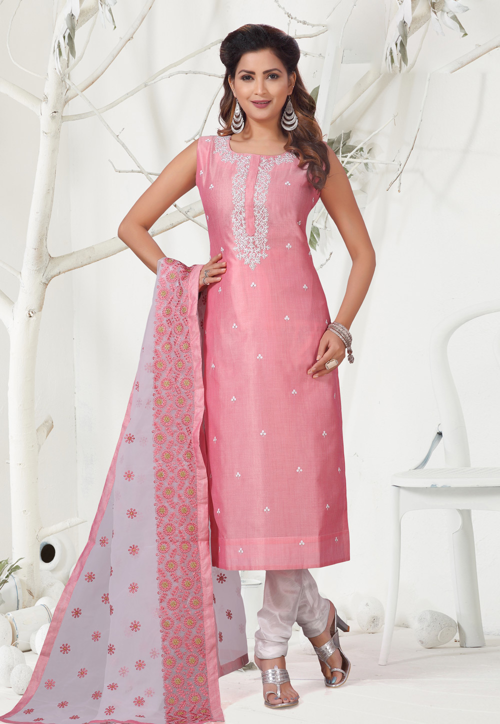 Pink Banarasi Readymade Churidar Suit 194643