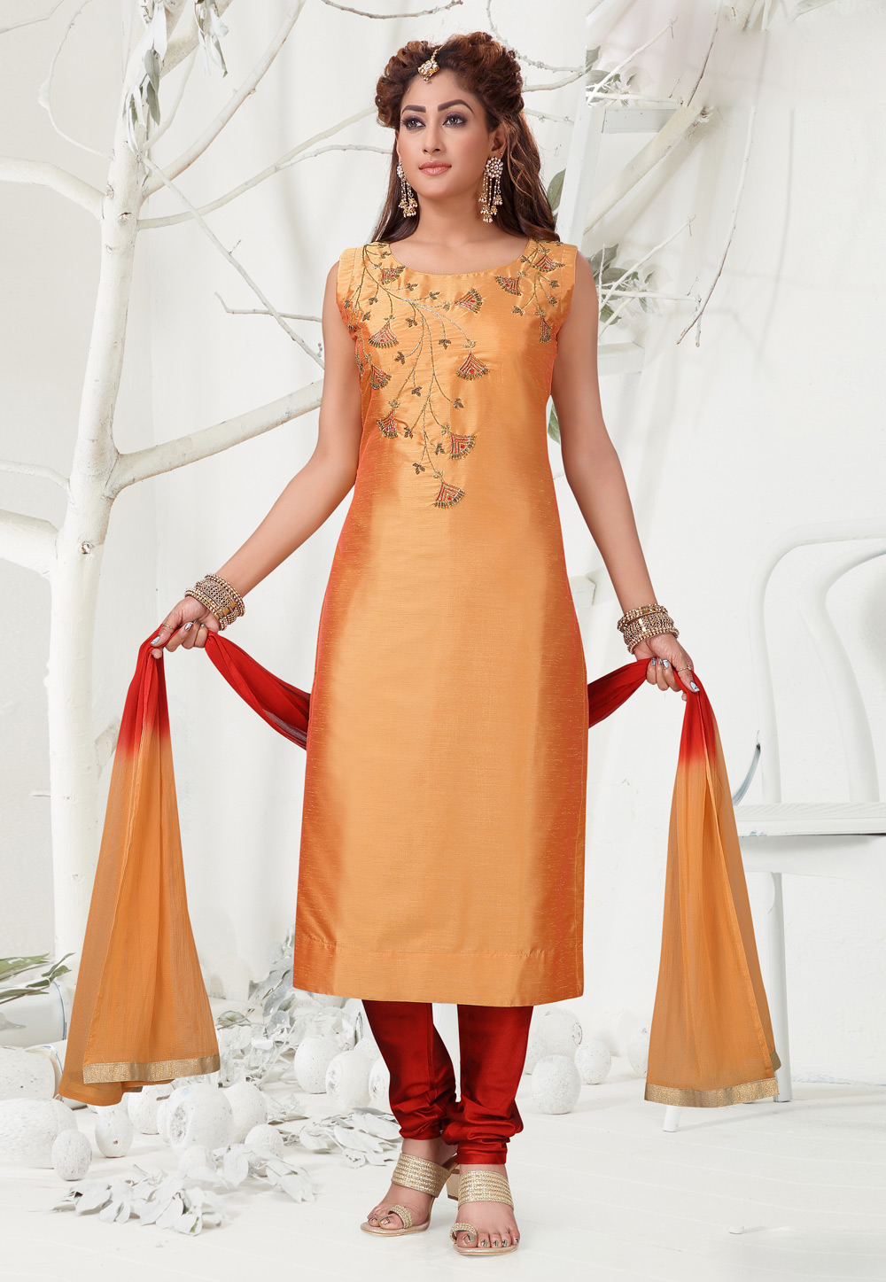 Orange Banarasi Readymade Churidar Suit 194650