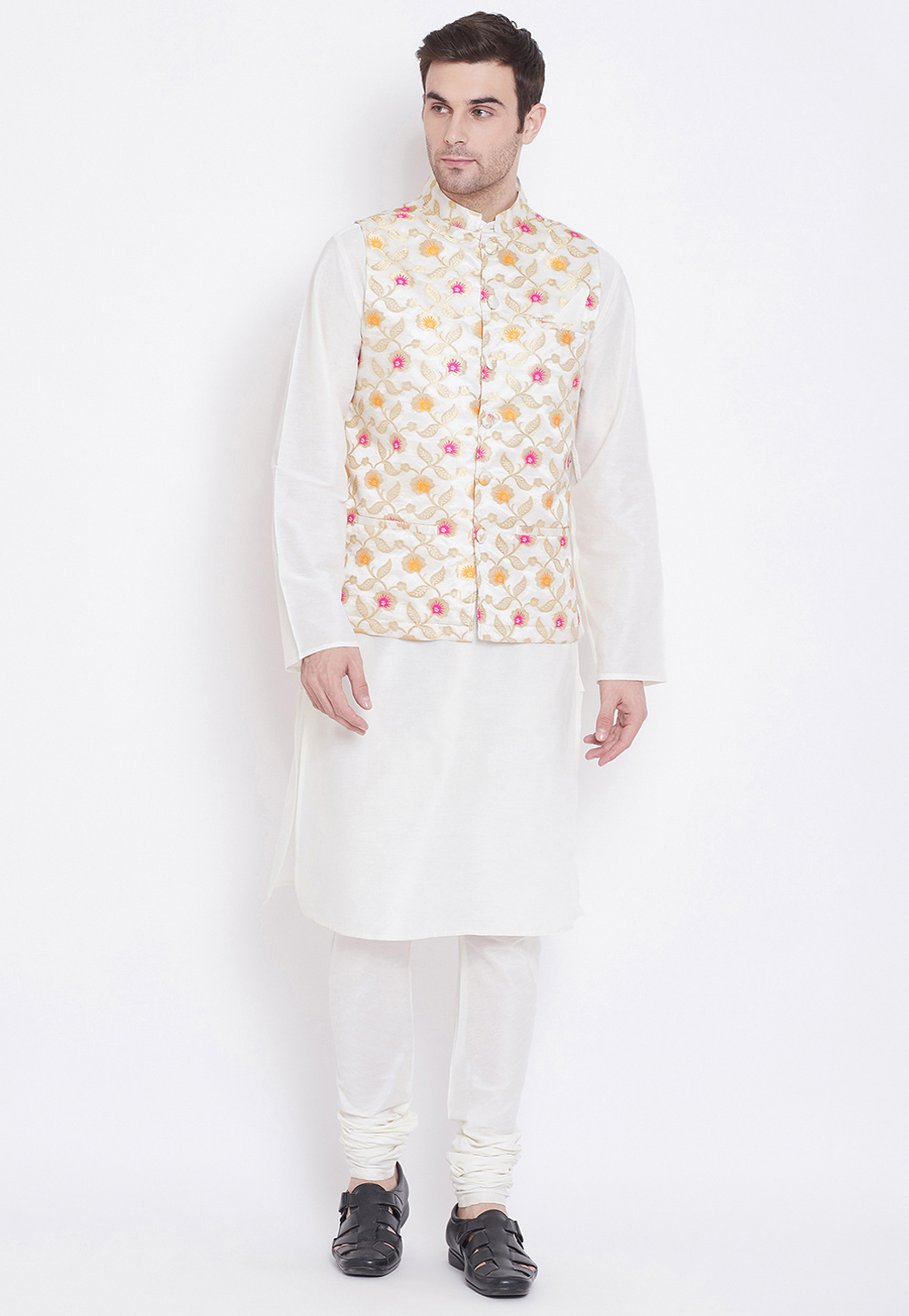 White Silk Readymade Kurta Pajama With Jacket 209786
