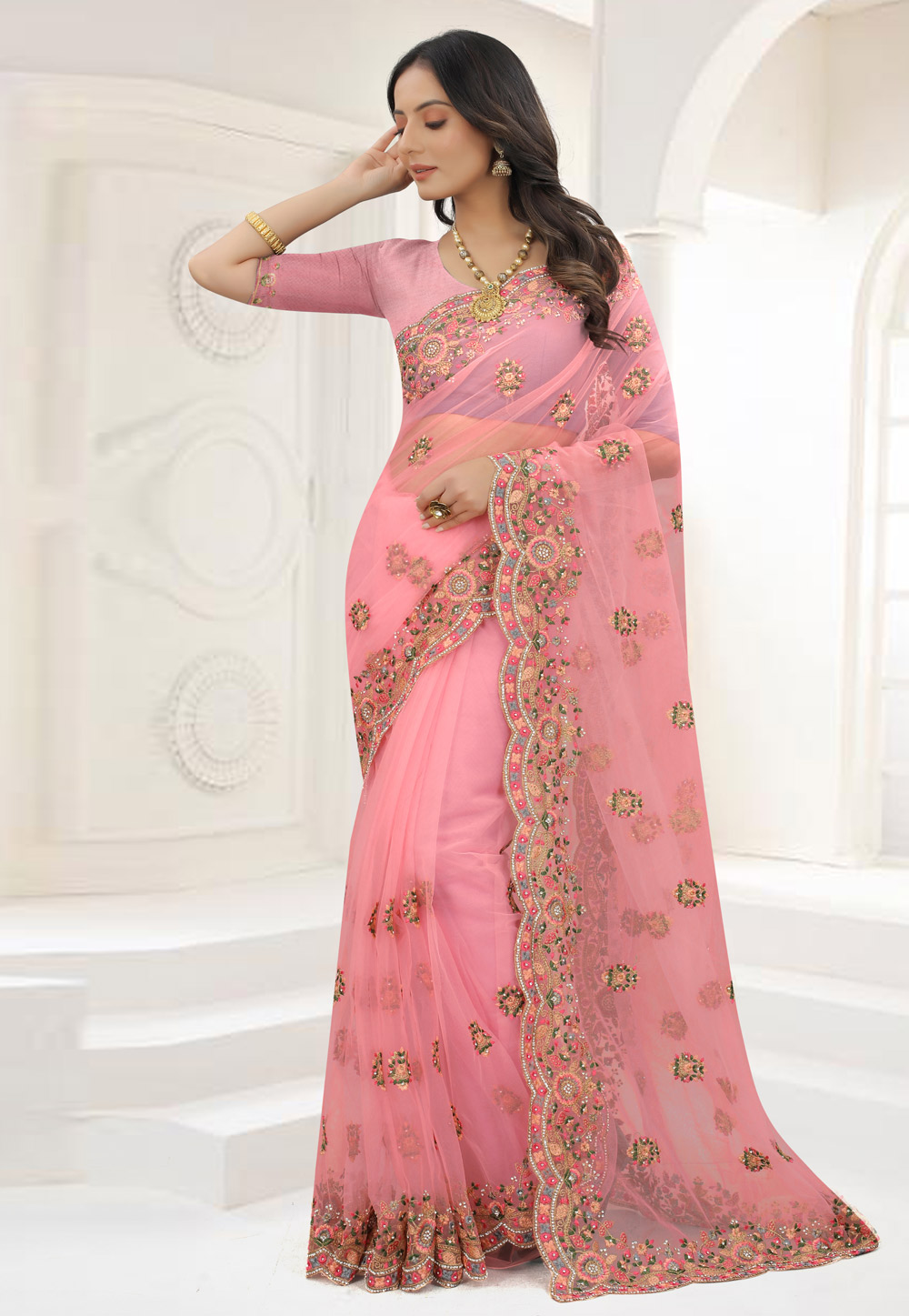 Pink Net Embroidered Saree 245022
