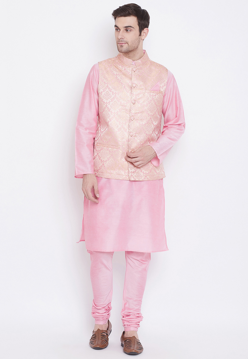 Pink Silk Readymade Kurta Pajama With Jacket 209787