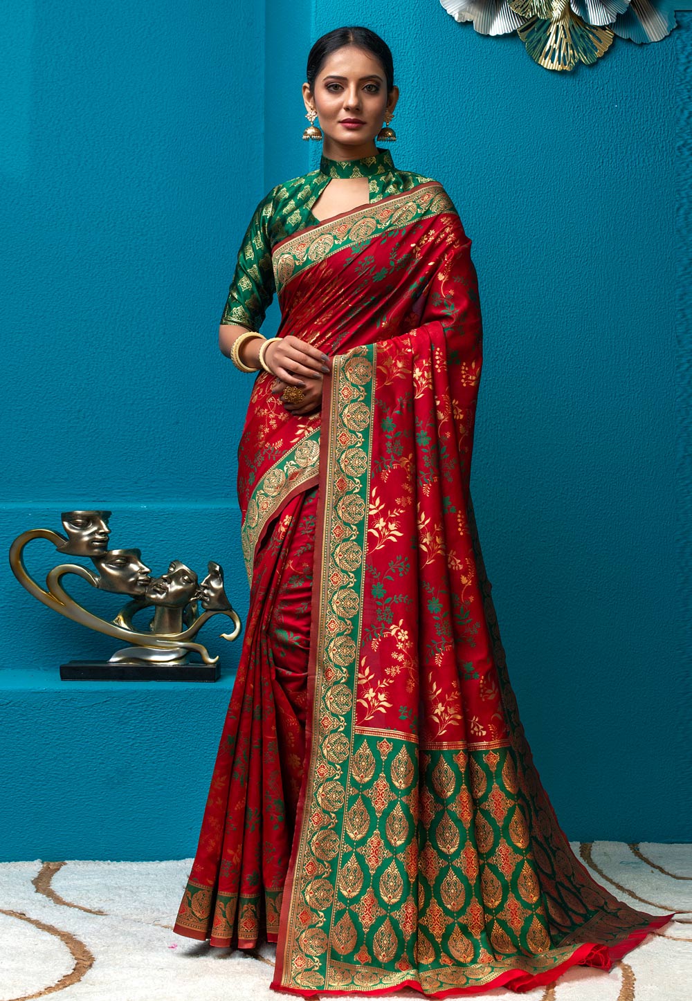 Buy the elegant Parakeet Green Designer Banarasi Saree online-Karagiri