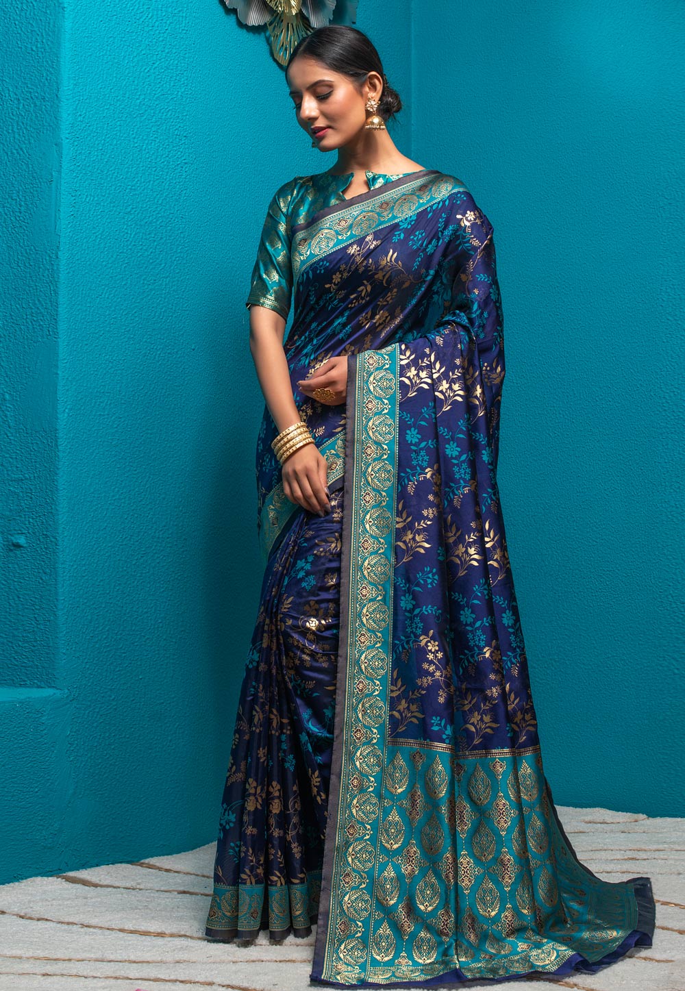 Women's Designer Banarasi Silk Saree (Navy Blue) dvz0003137 - Dvanza.com