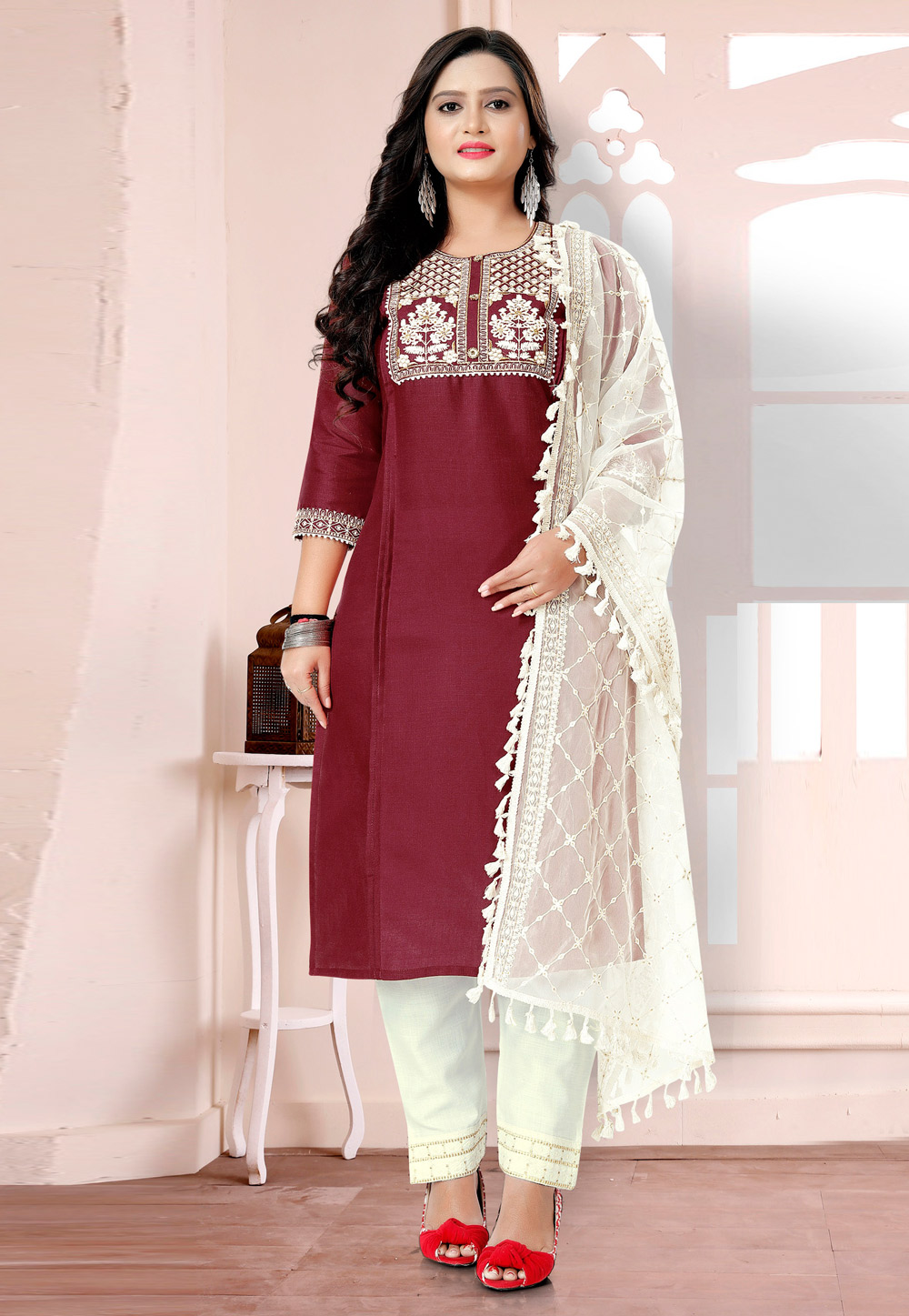 Maroon Cotton Readymade Kameez With Pant 232675