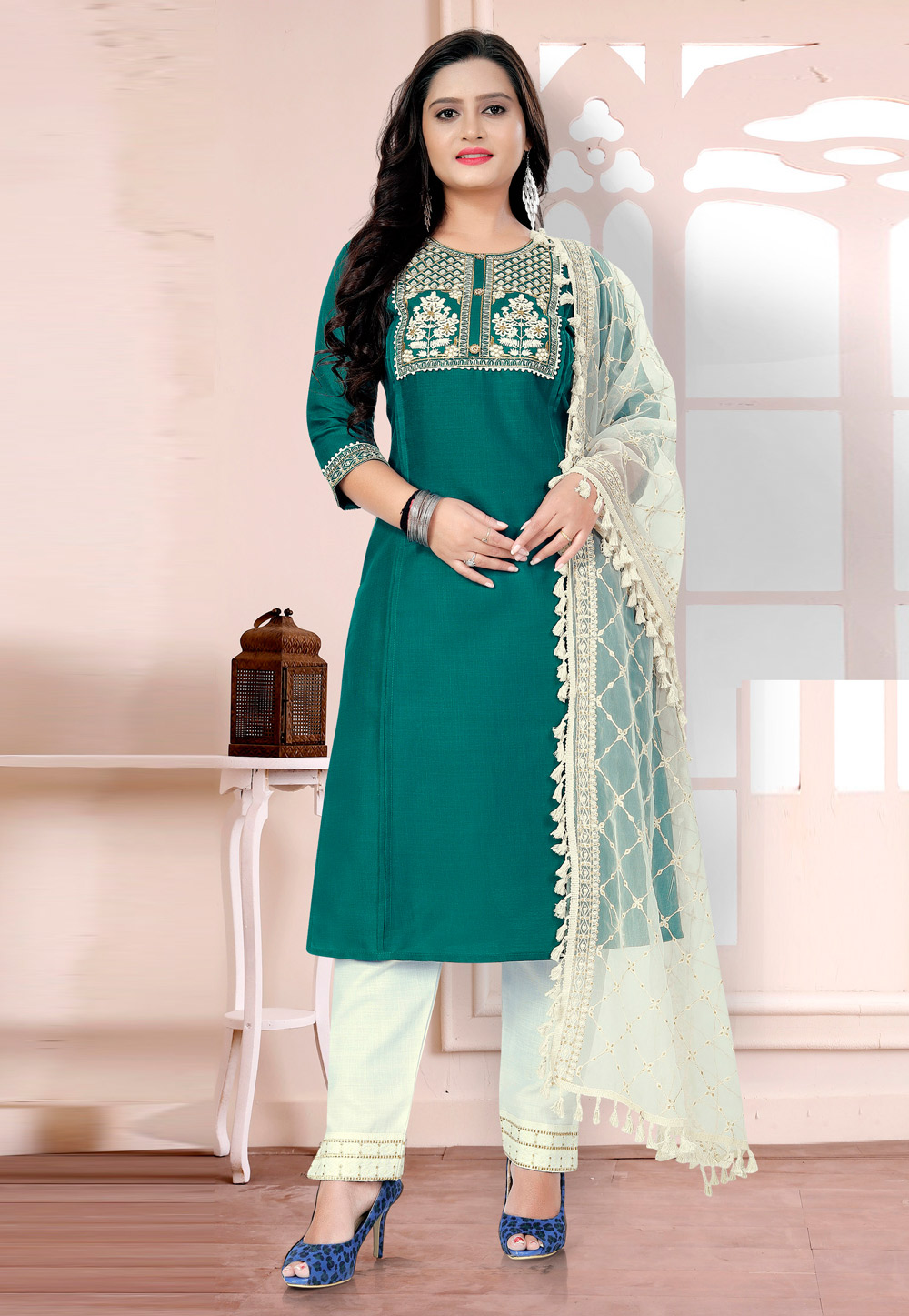 Green Cotton Readymade Pant Style Suit 232676