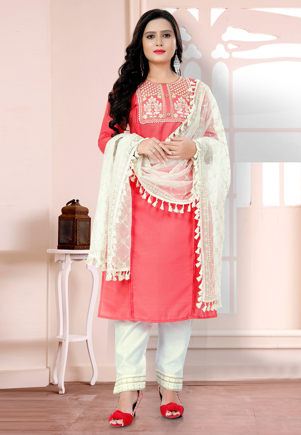 Pink Cotton Readymade Kameez With Pant 232677