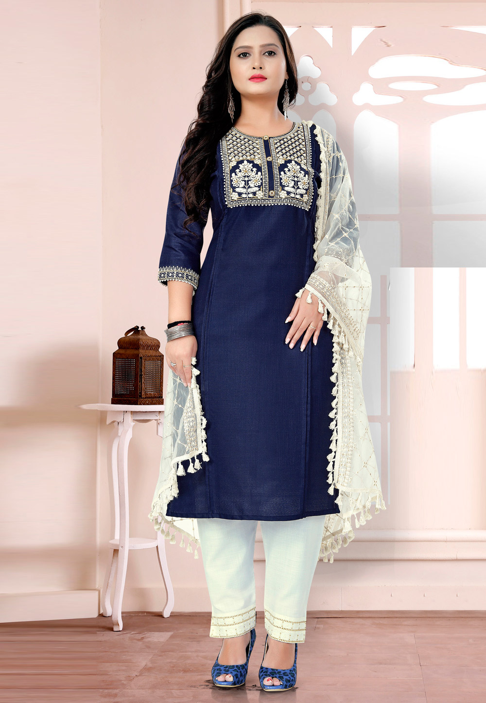 Navy Blue Cotton Readymade Pant Style Suit 232678