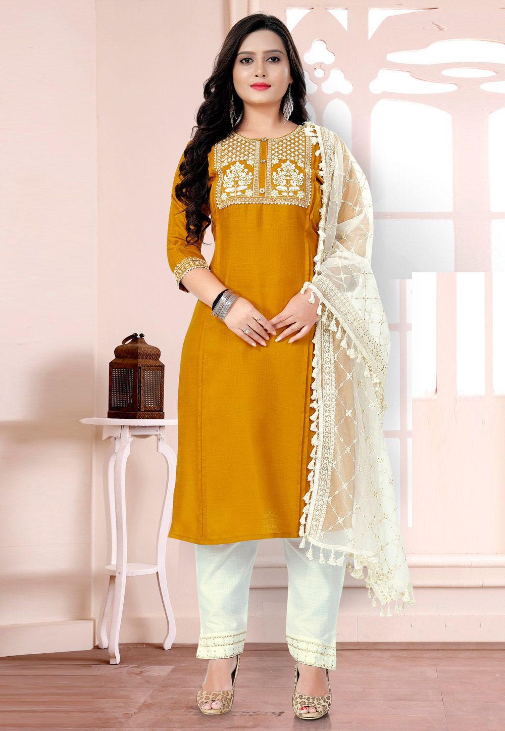 Mustard Cotton Readymade Kameez With Pant 232679