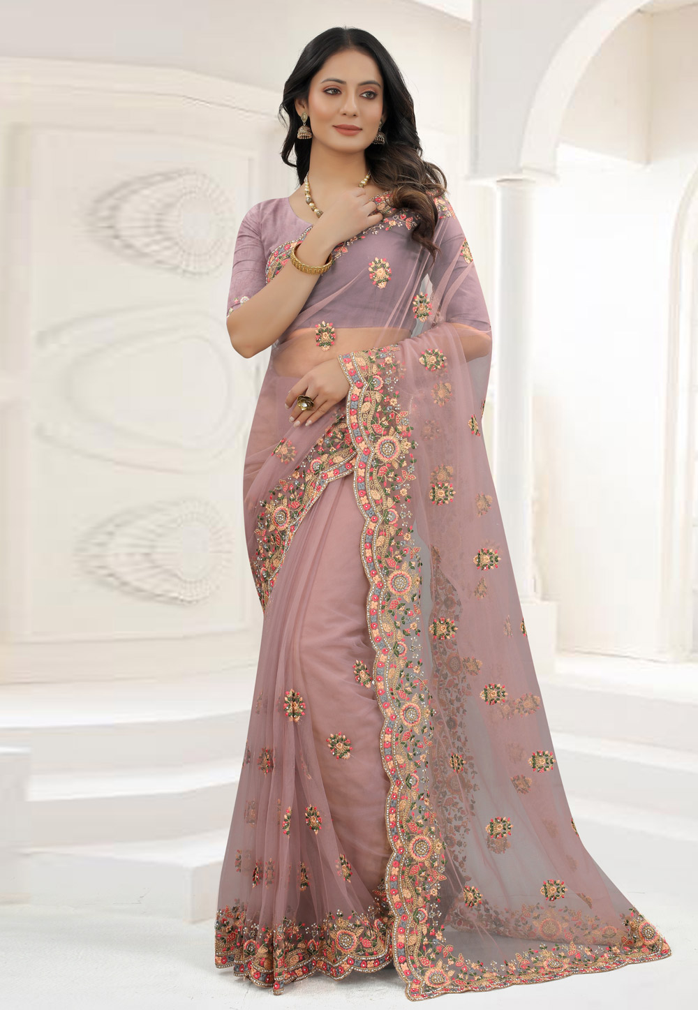 Pink Net Saree With Blouse 245023