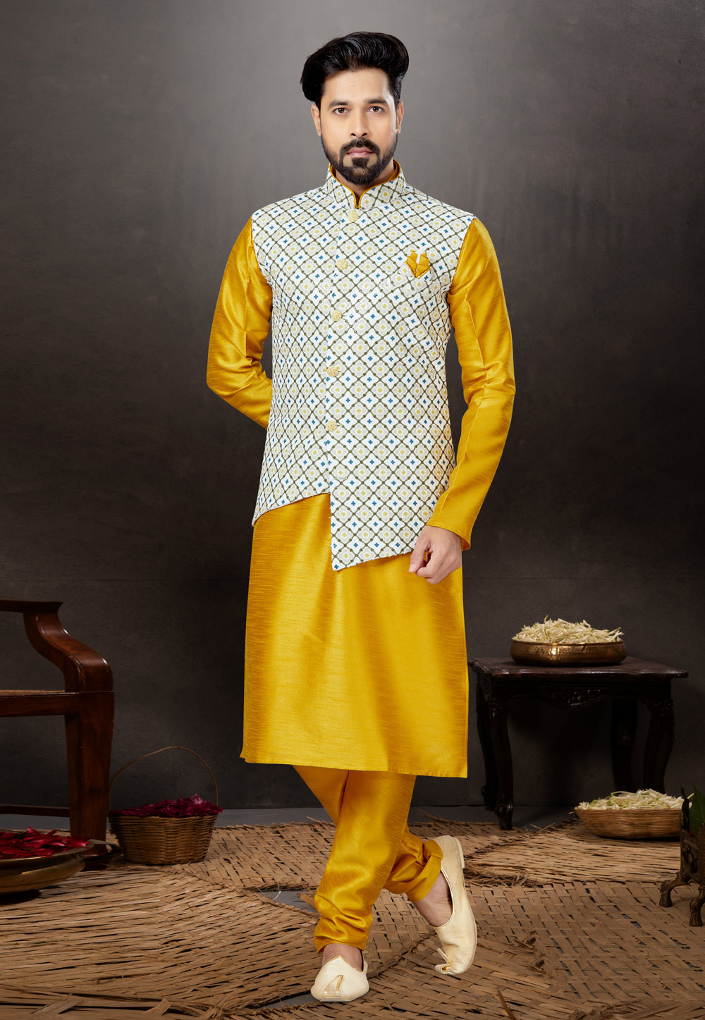 Yellow Silk Kurta Pajama With Jacket 259340