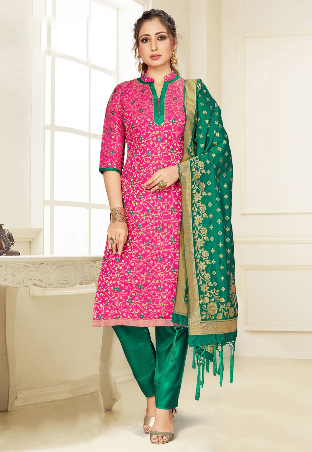 Pink Banarasi Silk Kameez With Pant 232803