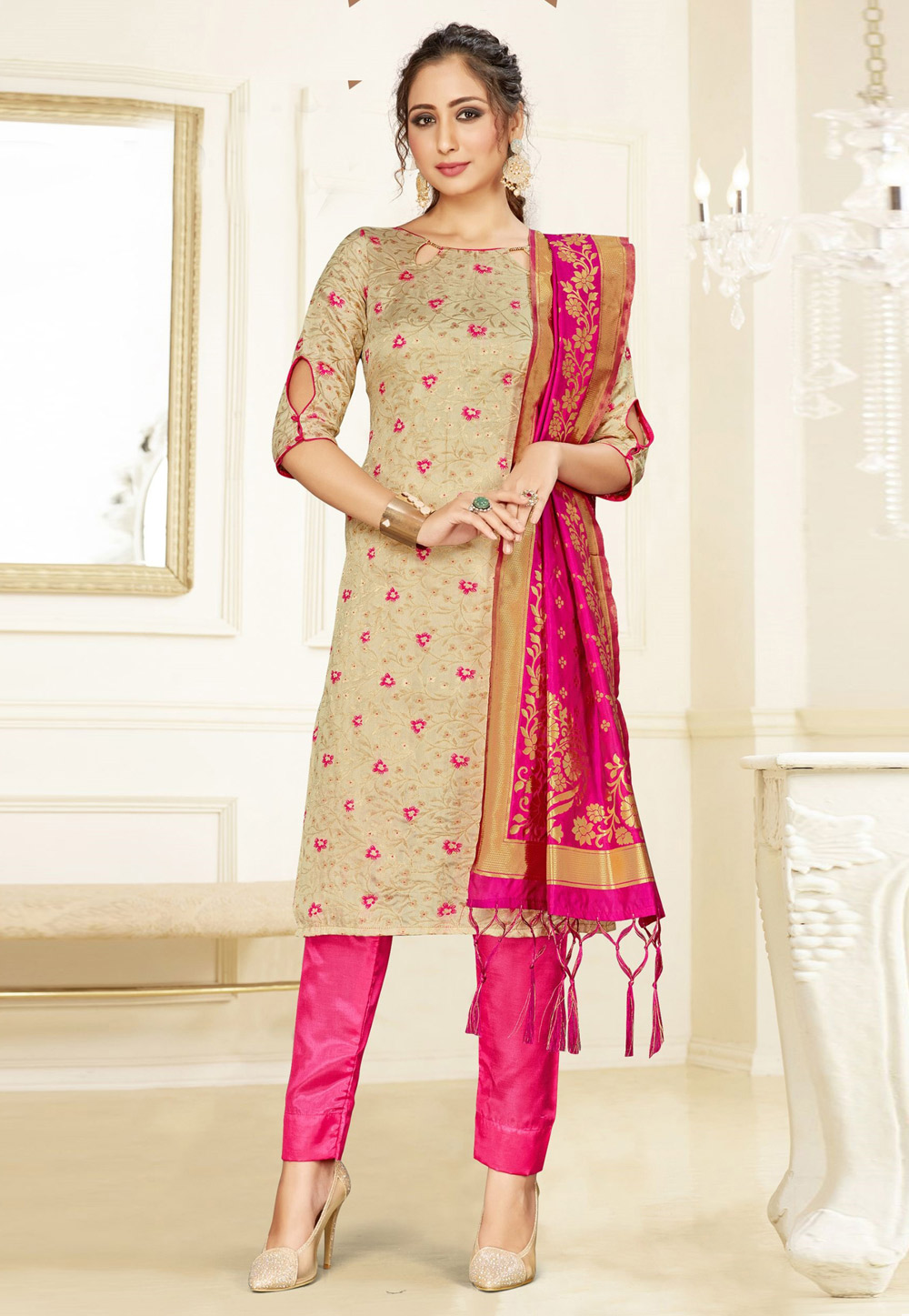 Beige Banarasi Silk Pant Style Suit 232804