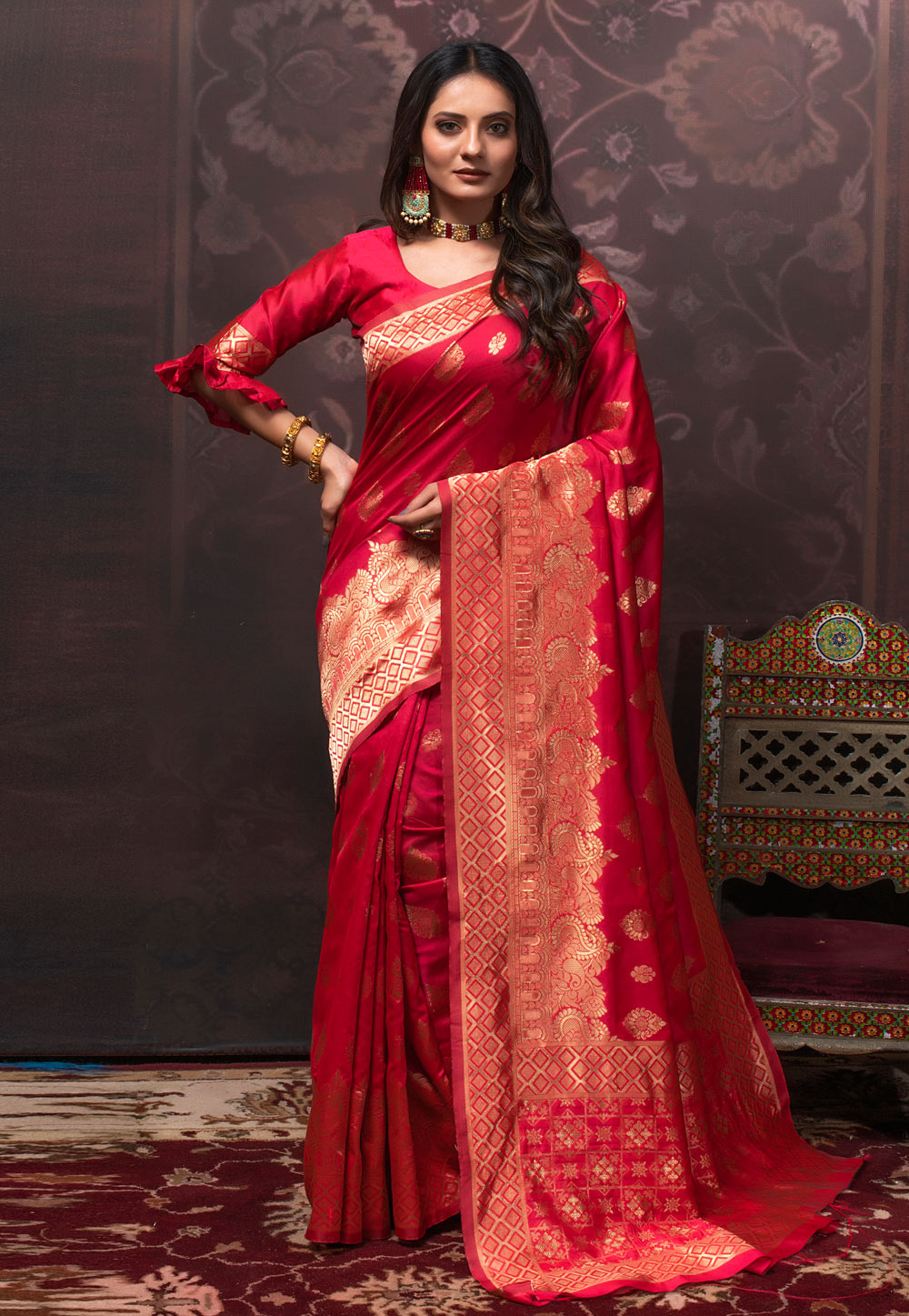 Red Banarasi Silk Saree With Blouse 230864