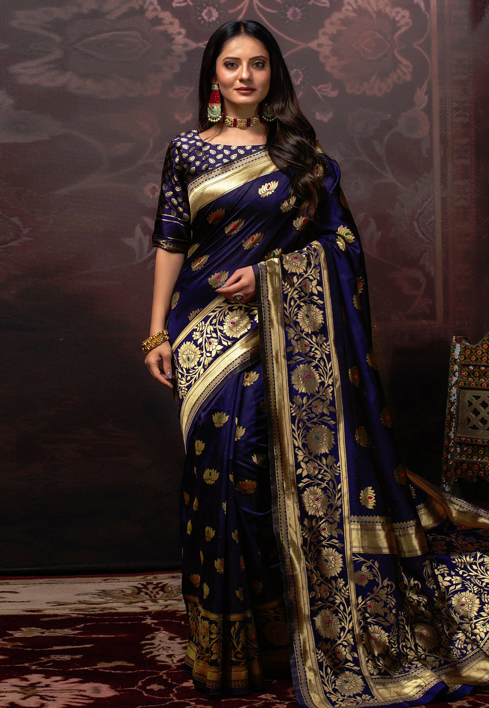 Navy Blue Banarasi Silk Festival Wear Saree 230873