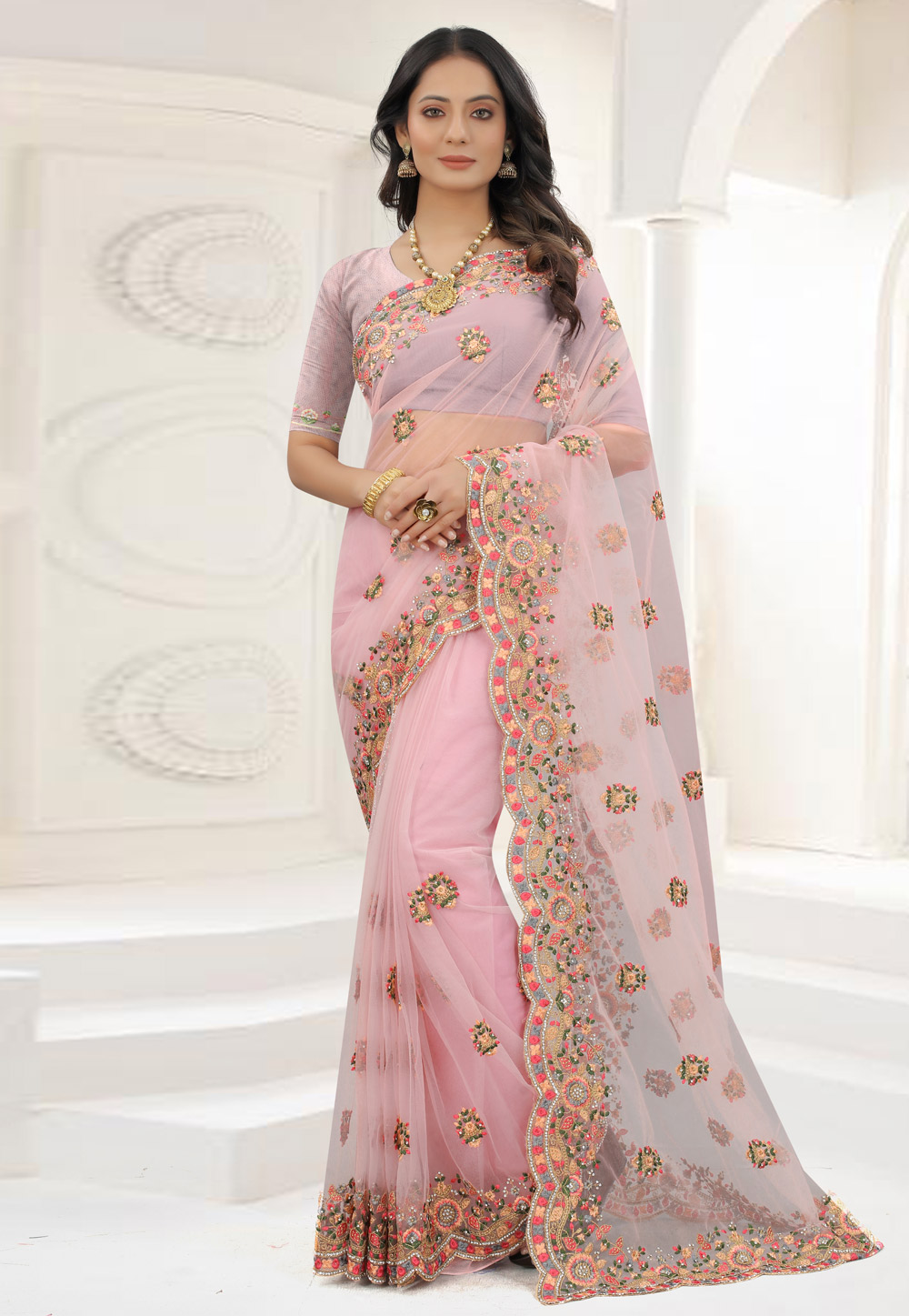 Pink Net Embroidered Saree 245026