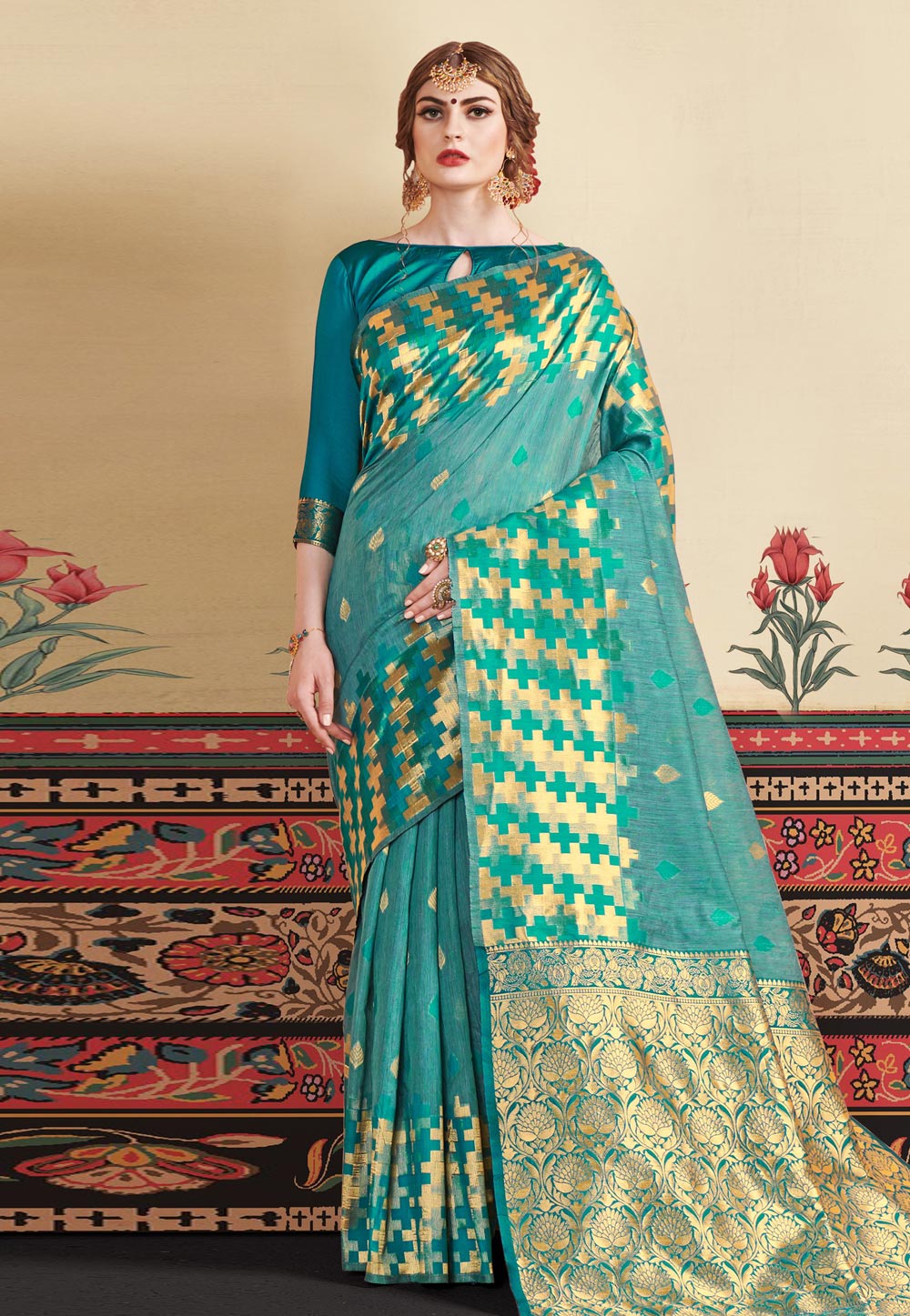 Turquoise Blue Linen Saree With Blouse 195407