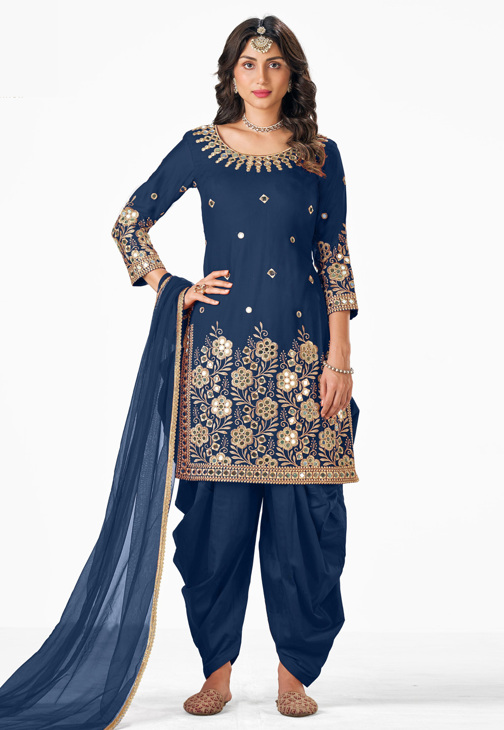 Navy Blue Soft Silk Punjabi Suit 246185